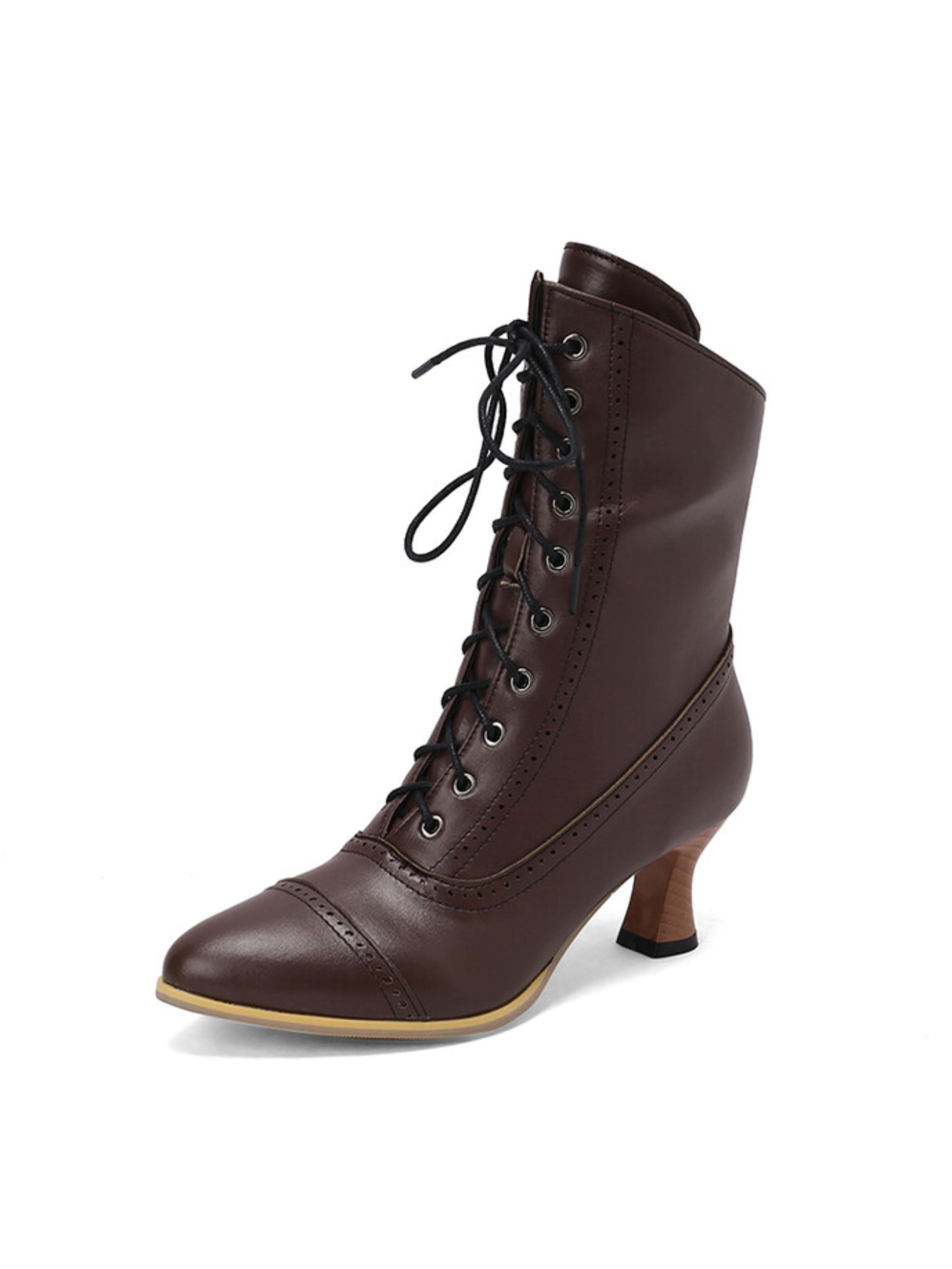 Brown Flared Heel Lace-Up Mid-Calf Boots with Brogue Detailing