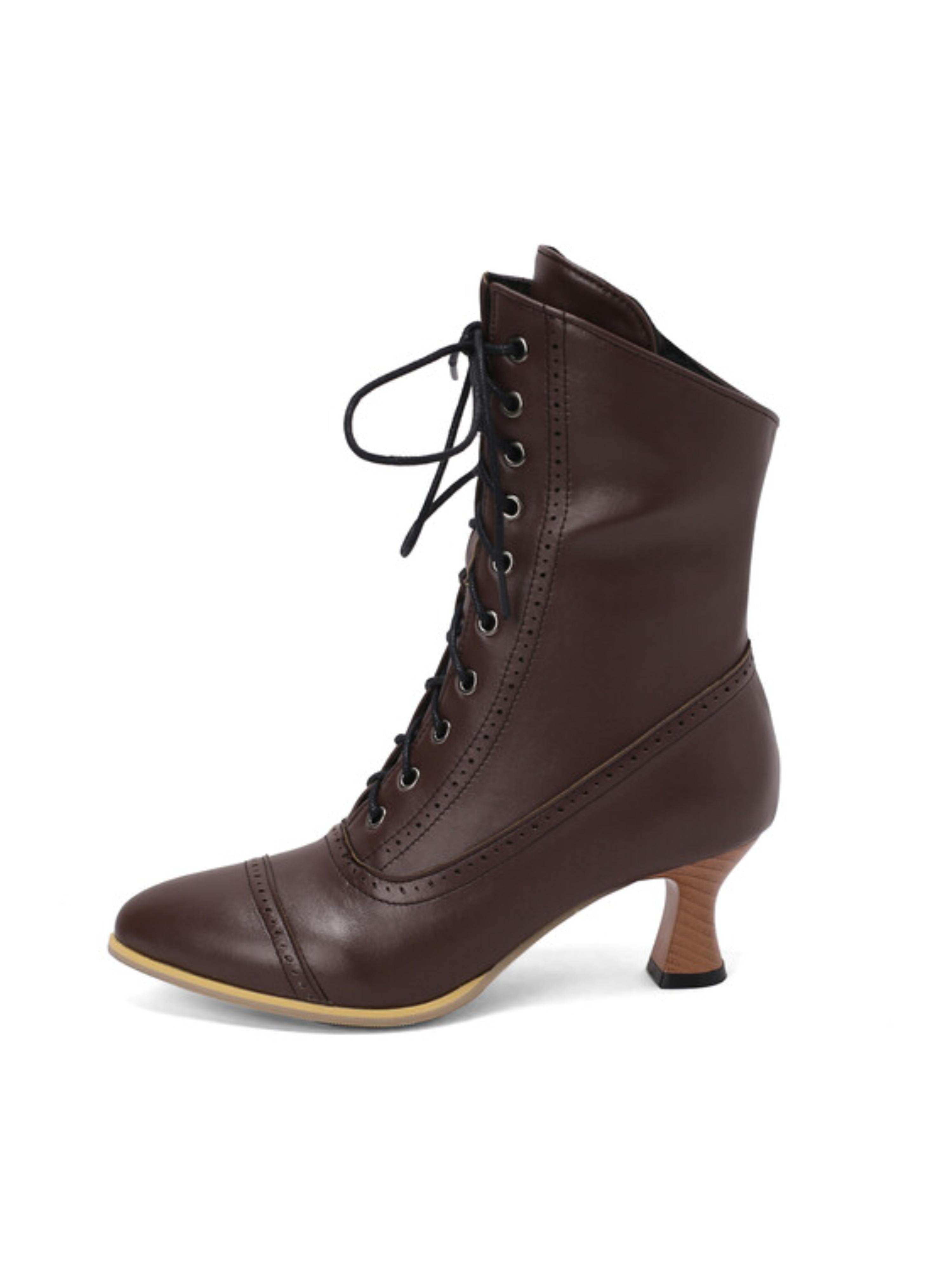 Brown Flared Heel Lace-Up Mid-Calf Boots with Brogue Detailing