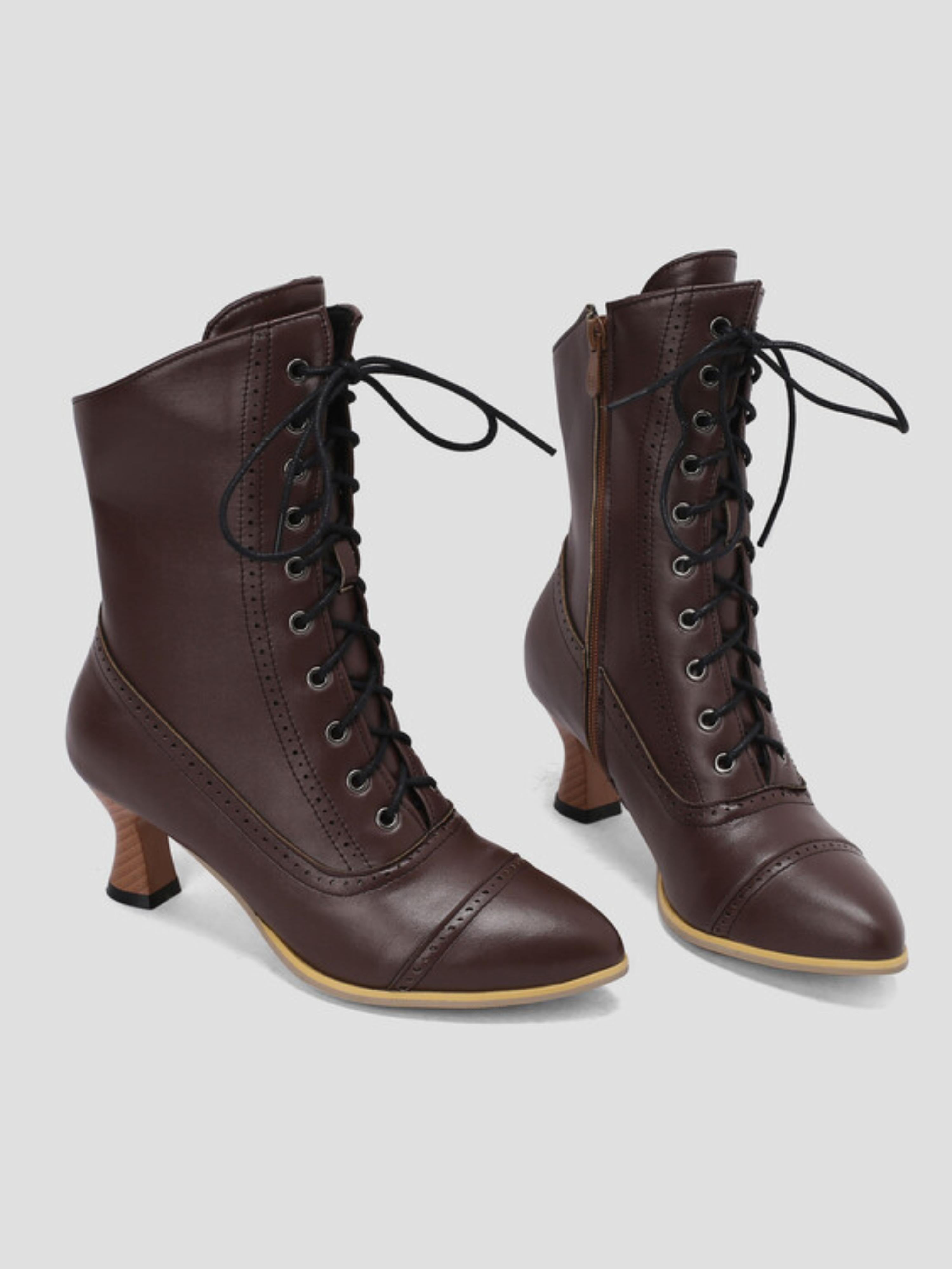 Brown Flared Heel Lace-Up Mid-Calf Boots with Brogue Detailing