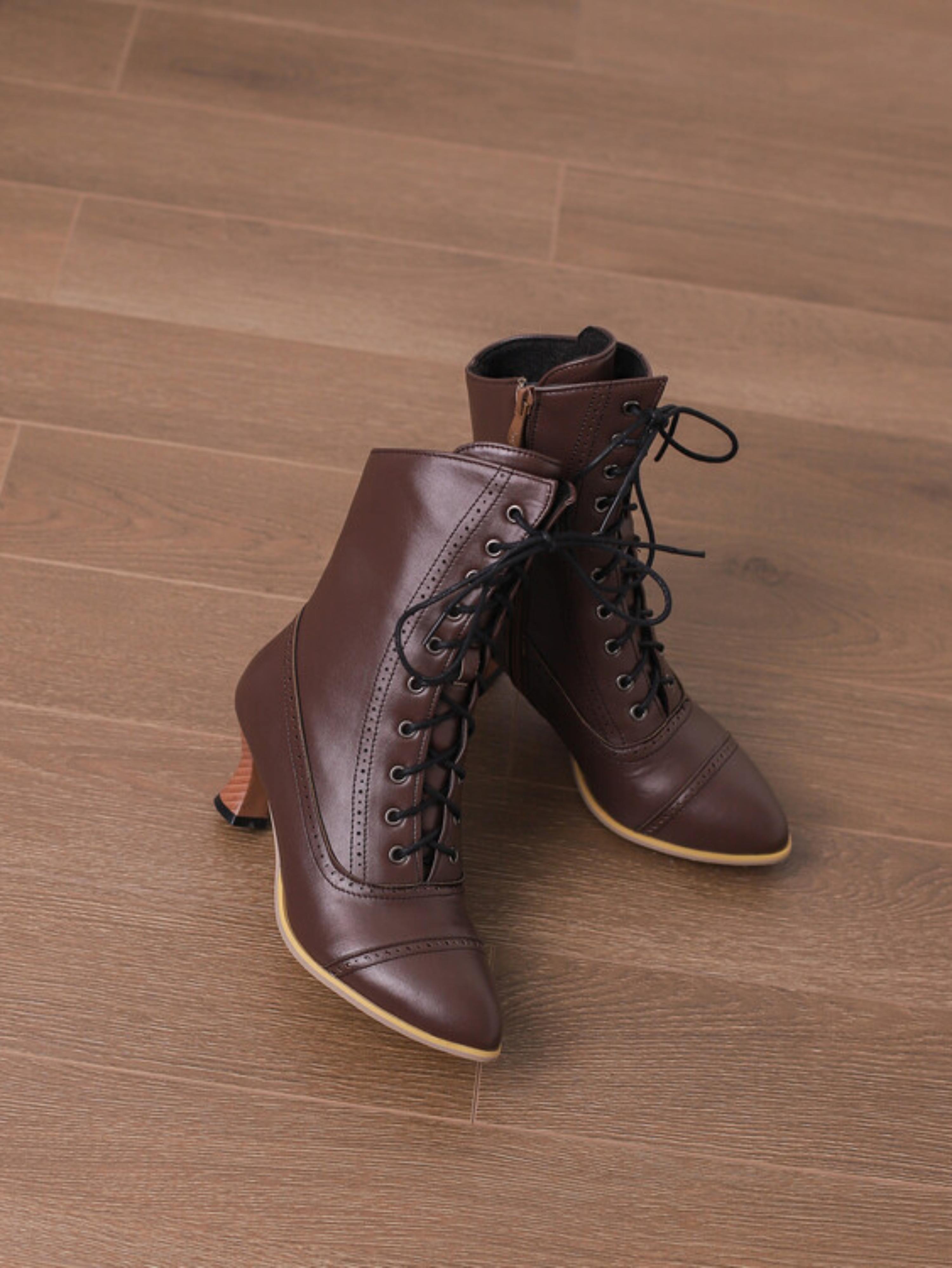 Brown Flared Heel Lace-Up Mid-Calf Boots with Brogue Detailing
