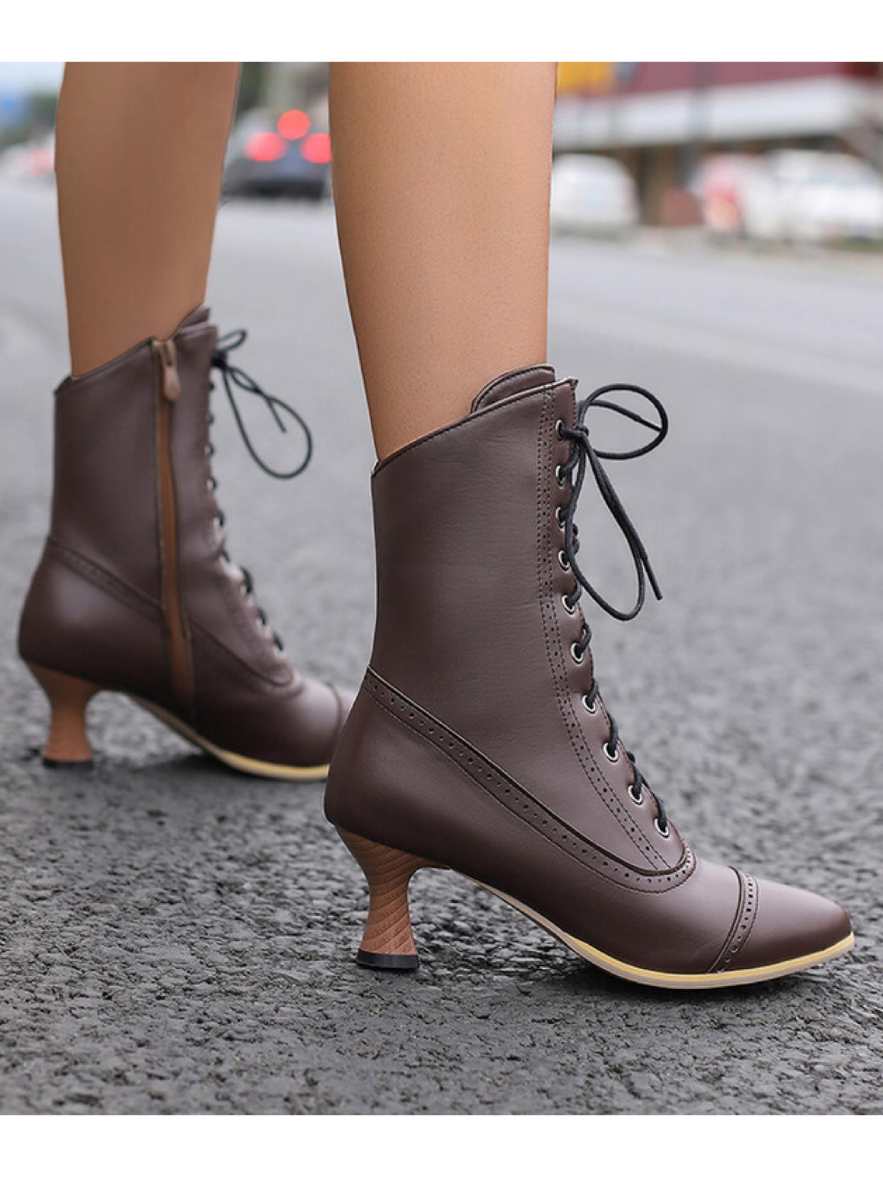 Brown Flared Heel Lace-Up Mid-Calf Boots with Brogue Detailing