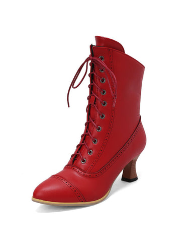 Red Vintage Victorian Ankle Boots with Flared Heel