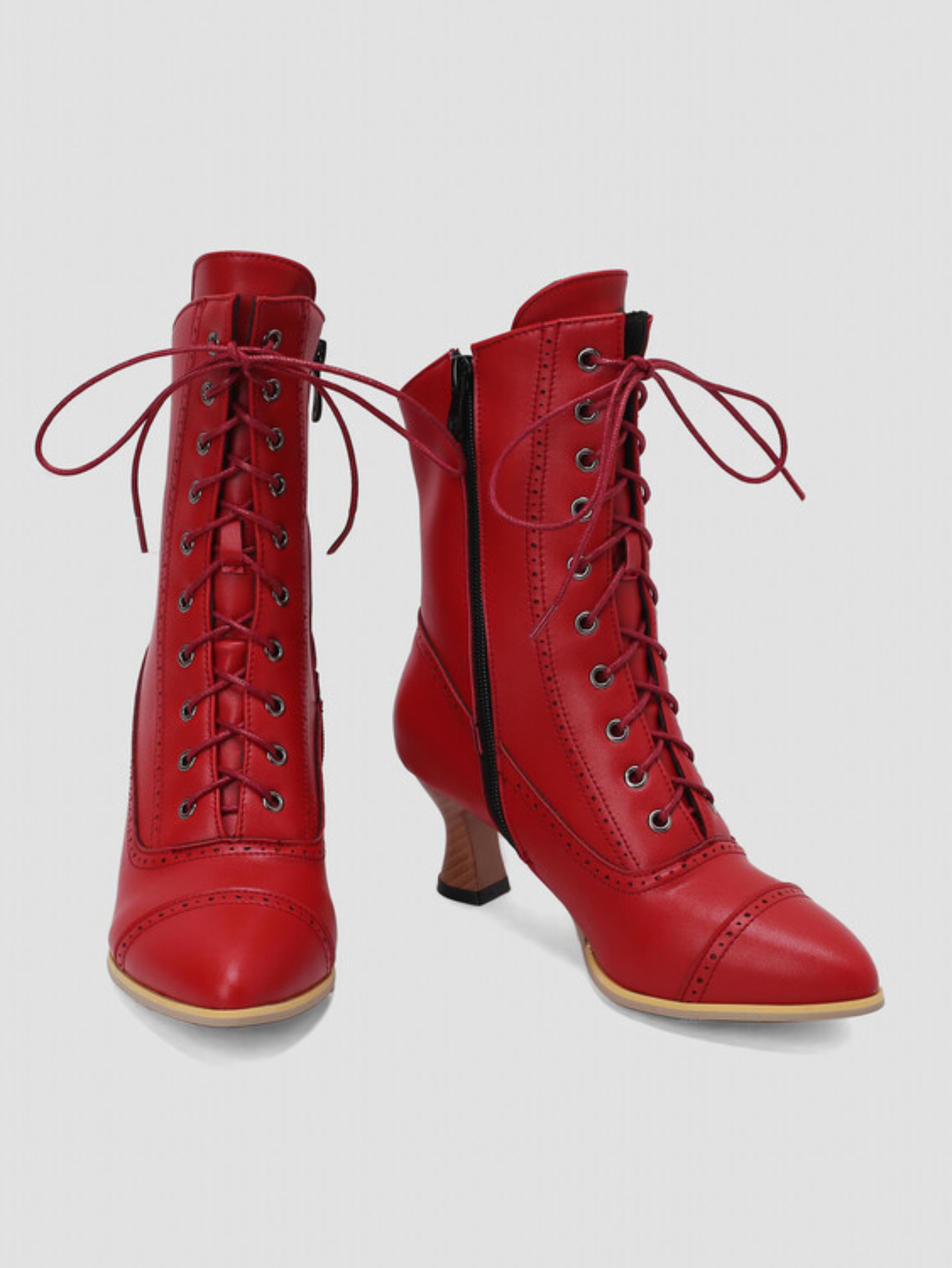 Red Vintage Victorian Ankle Boots with Flared Heel