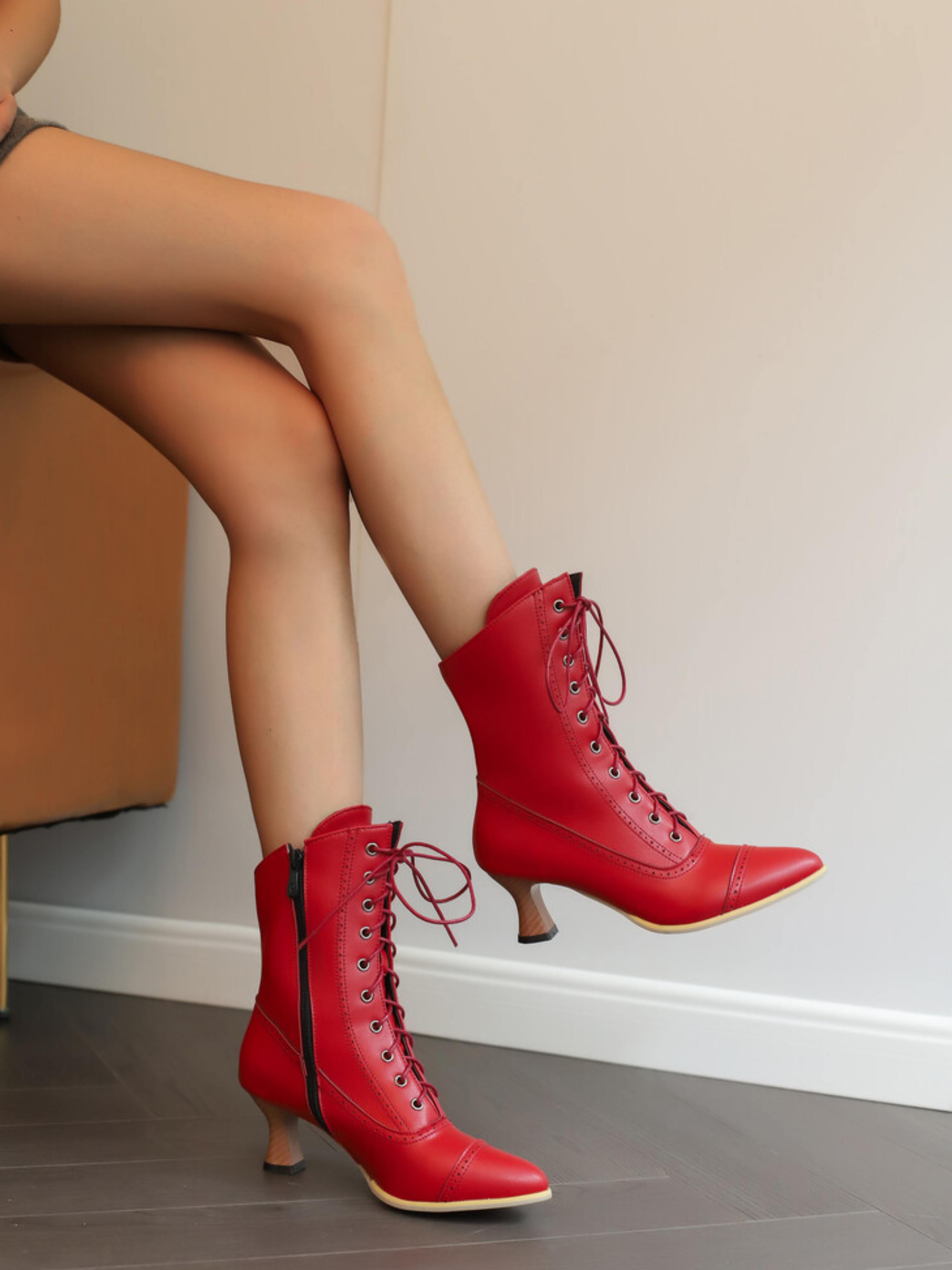 Red Vintage Victorian Ankle Boots with Flared Heel