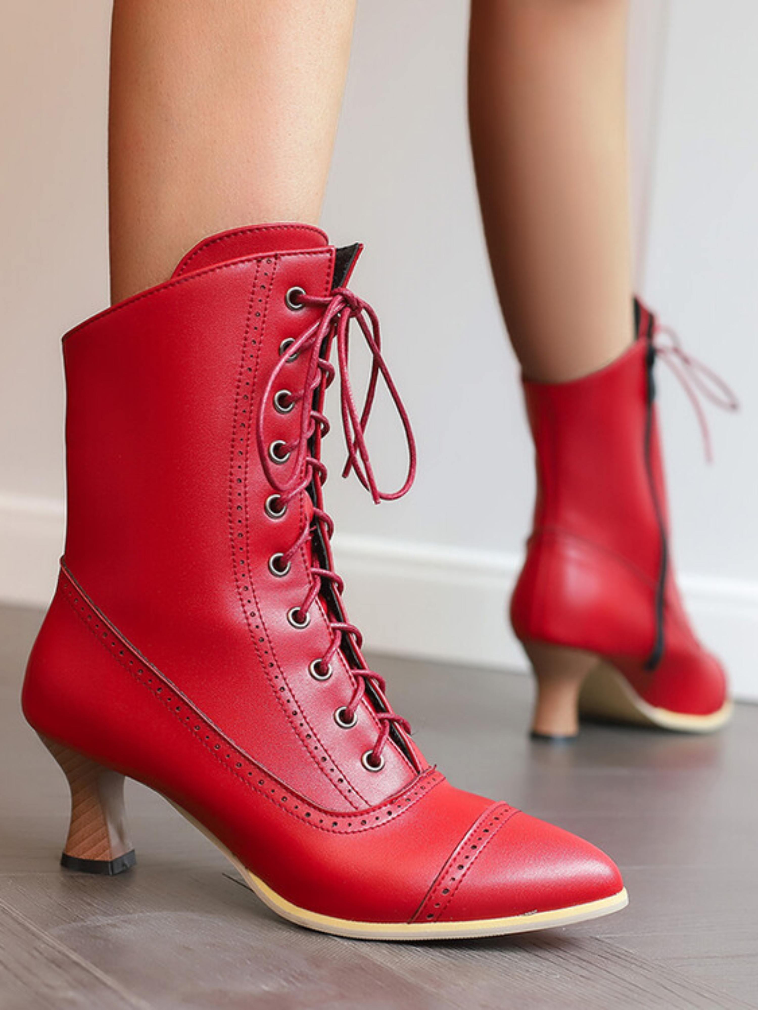Red Vintage Victorian Ankle Boots with Flared Heel