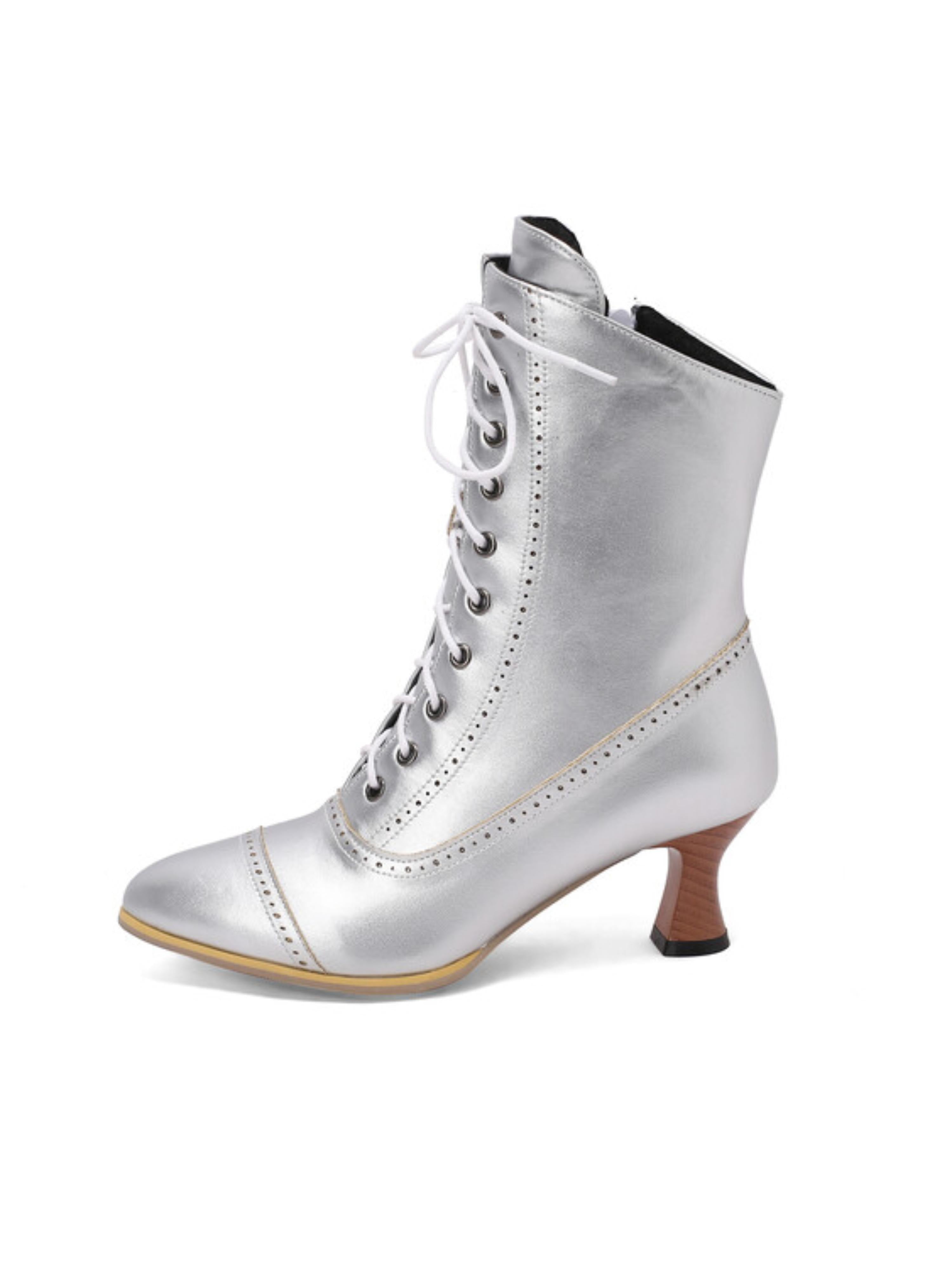 Silver Lace-Up Mid-Calf Boots with Brogue Detailing