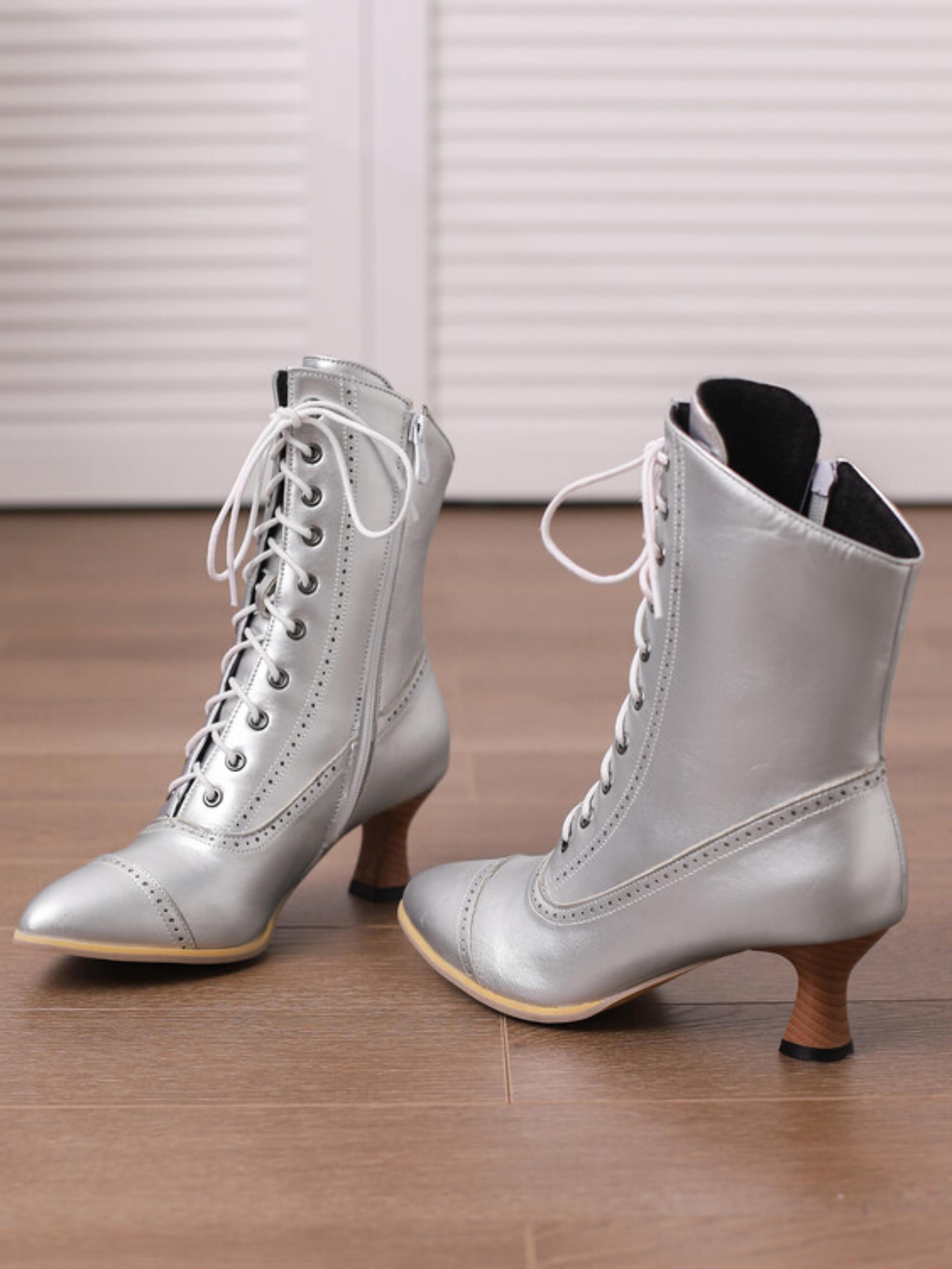 Silver Lace-Up Mid-Calf Boots with Brogue Detailing