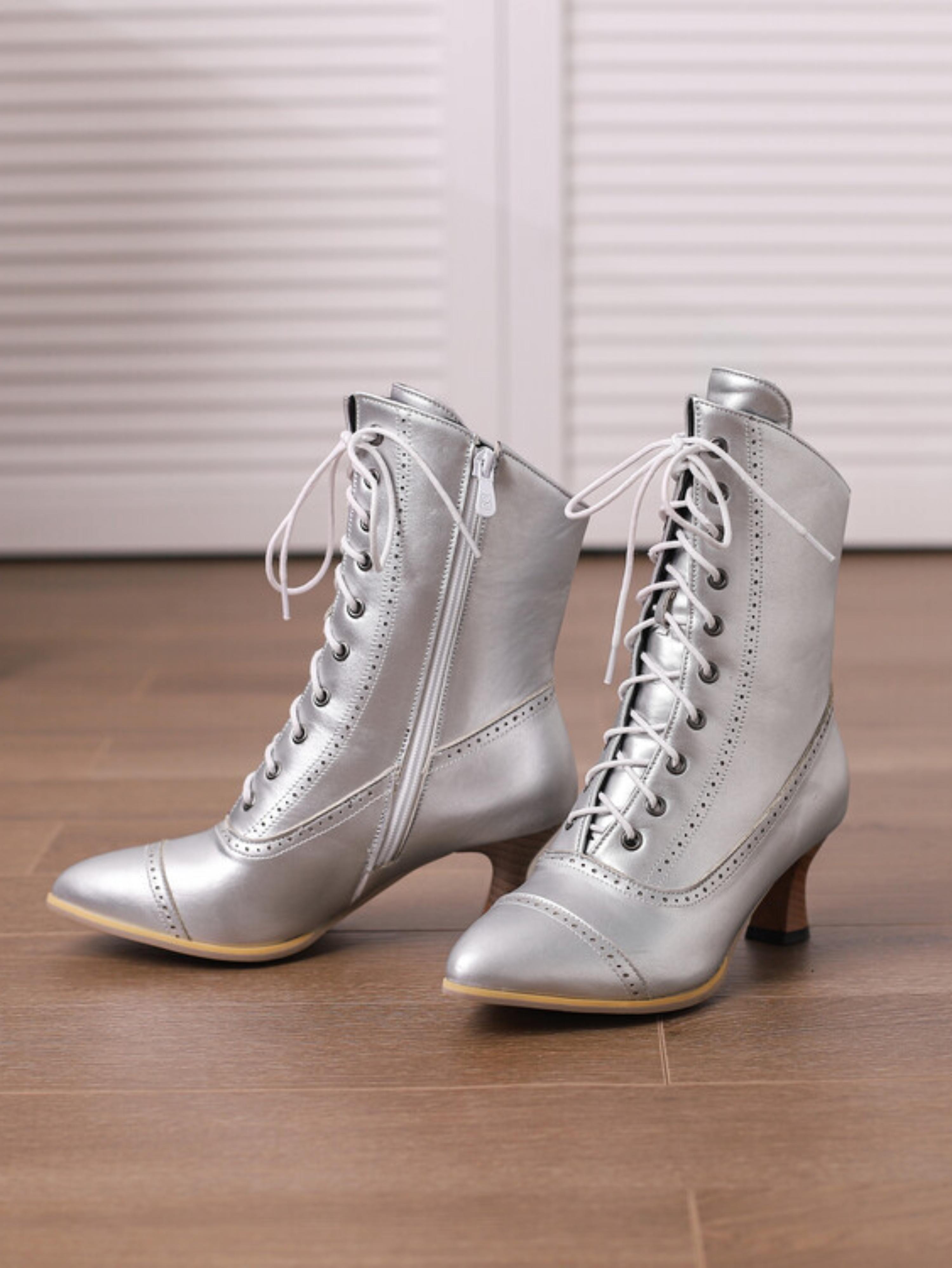 Silver Lace-Up Mid-Calf Boots with Brogue Detailing