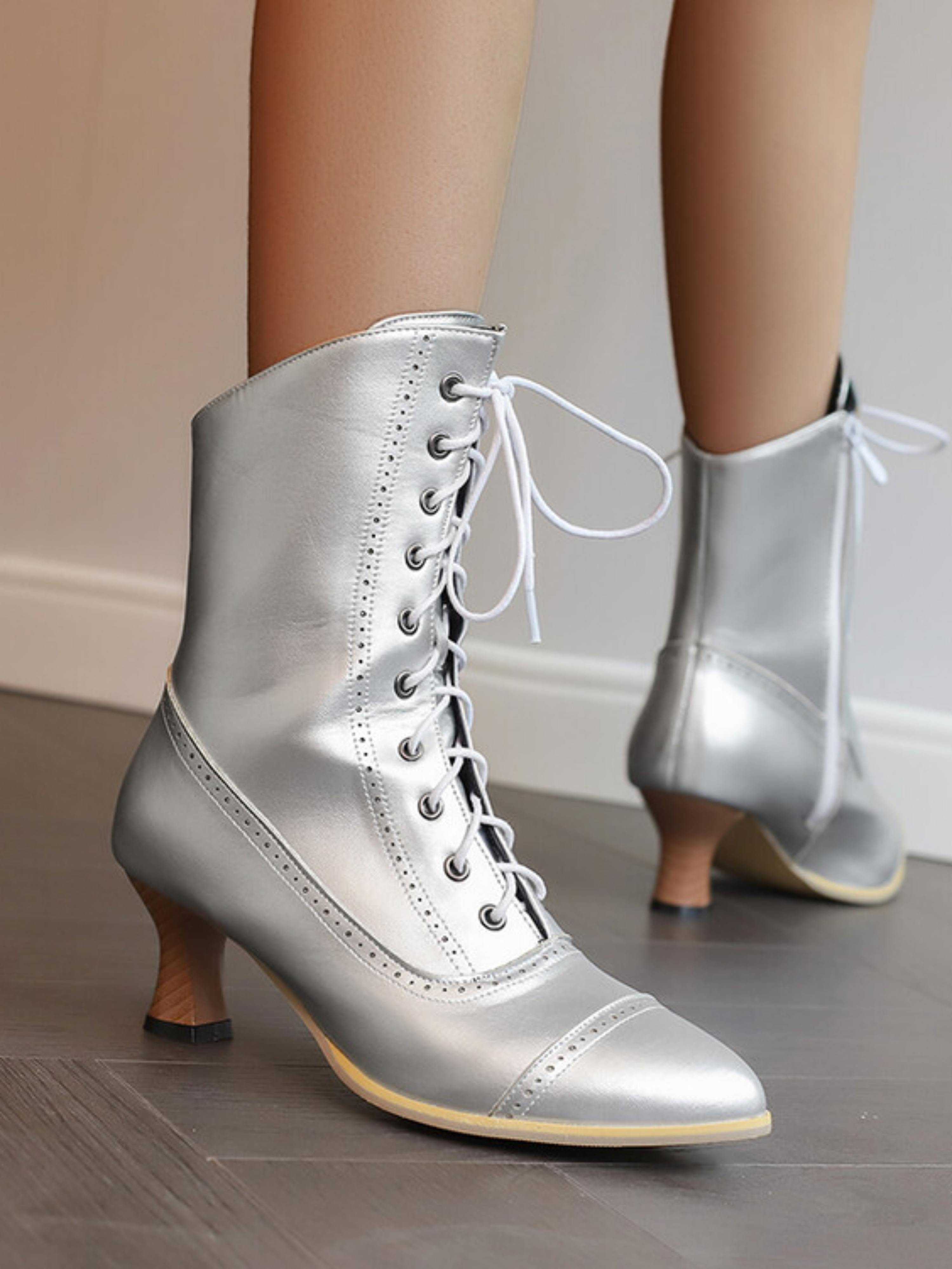 Silver Lace-Up Mid-Calf Boots with Brogue Detailing