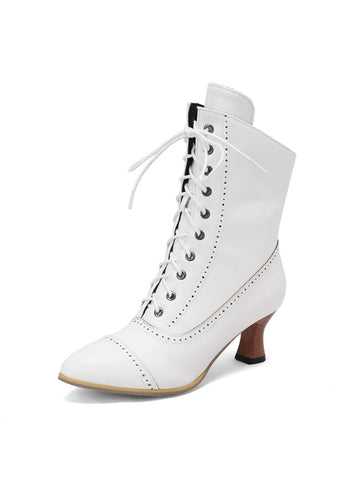 Sleek Brogue-Trimmed White Lace-Up Boots