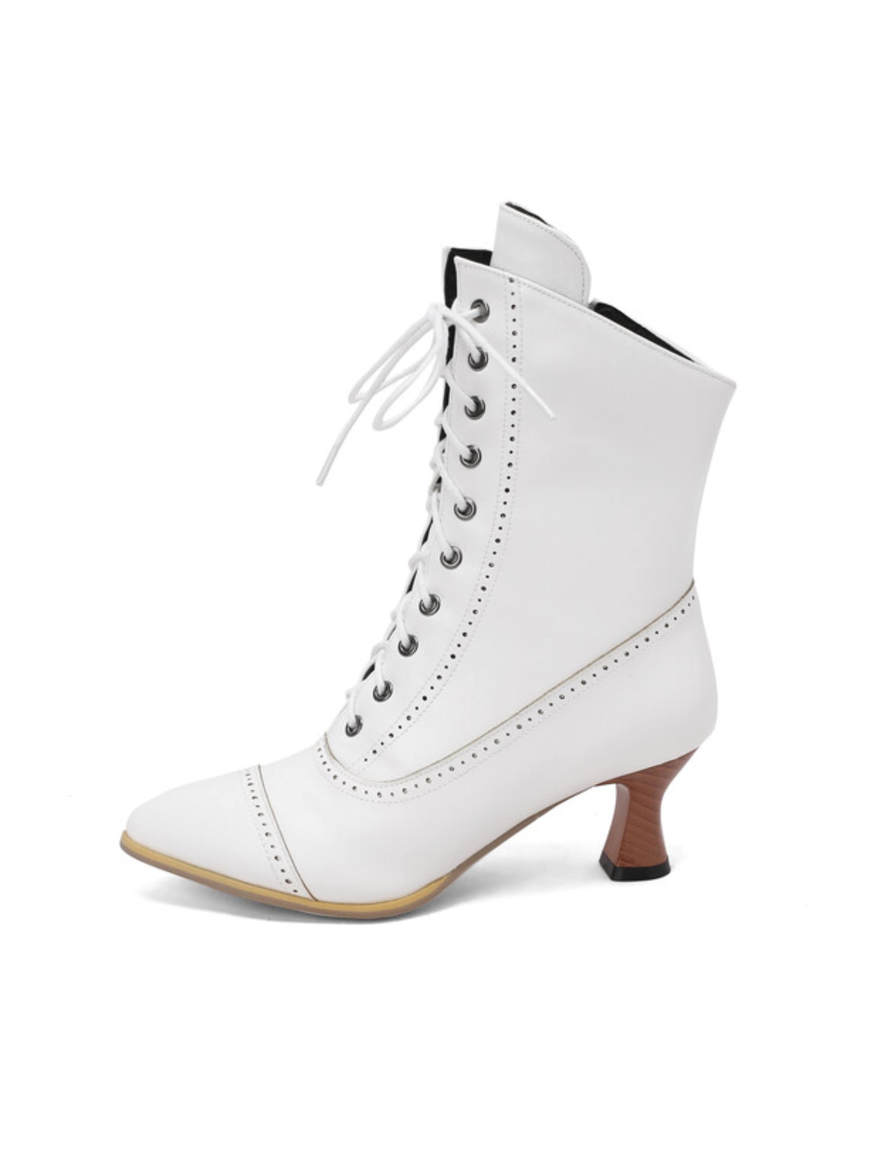 Sleek Brogue-Trimmed White Lace-Up Boots