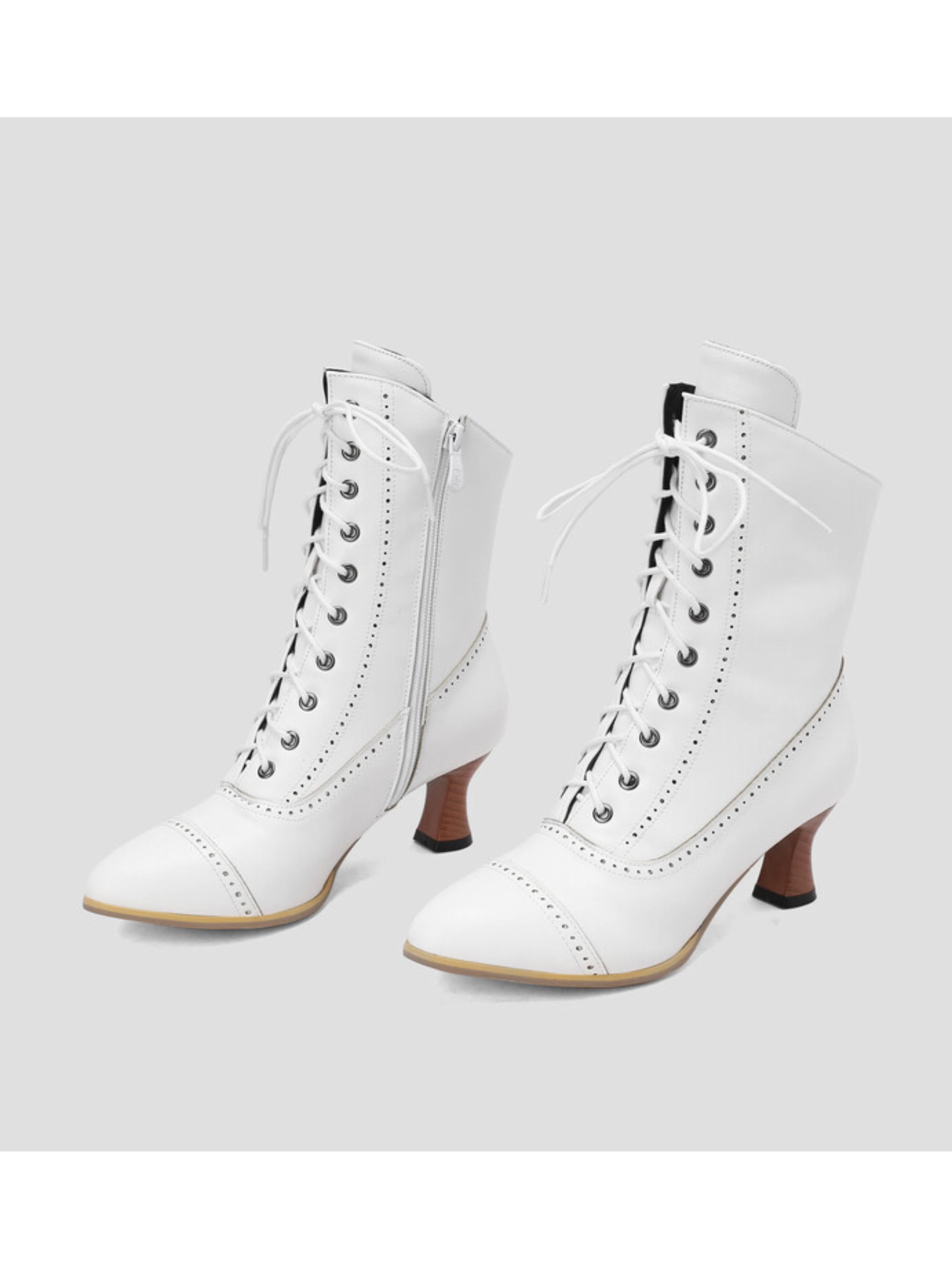 Sleek Brogue-Trimmed White Lace-Up Boots