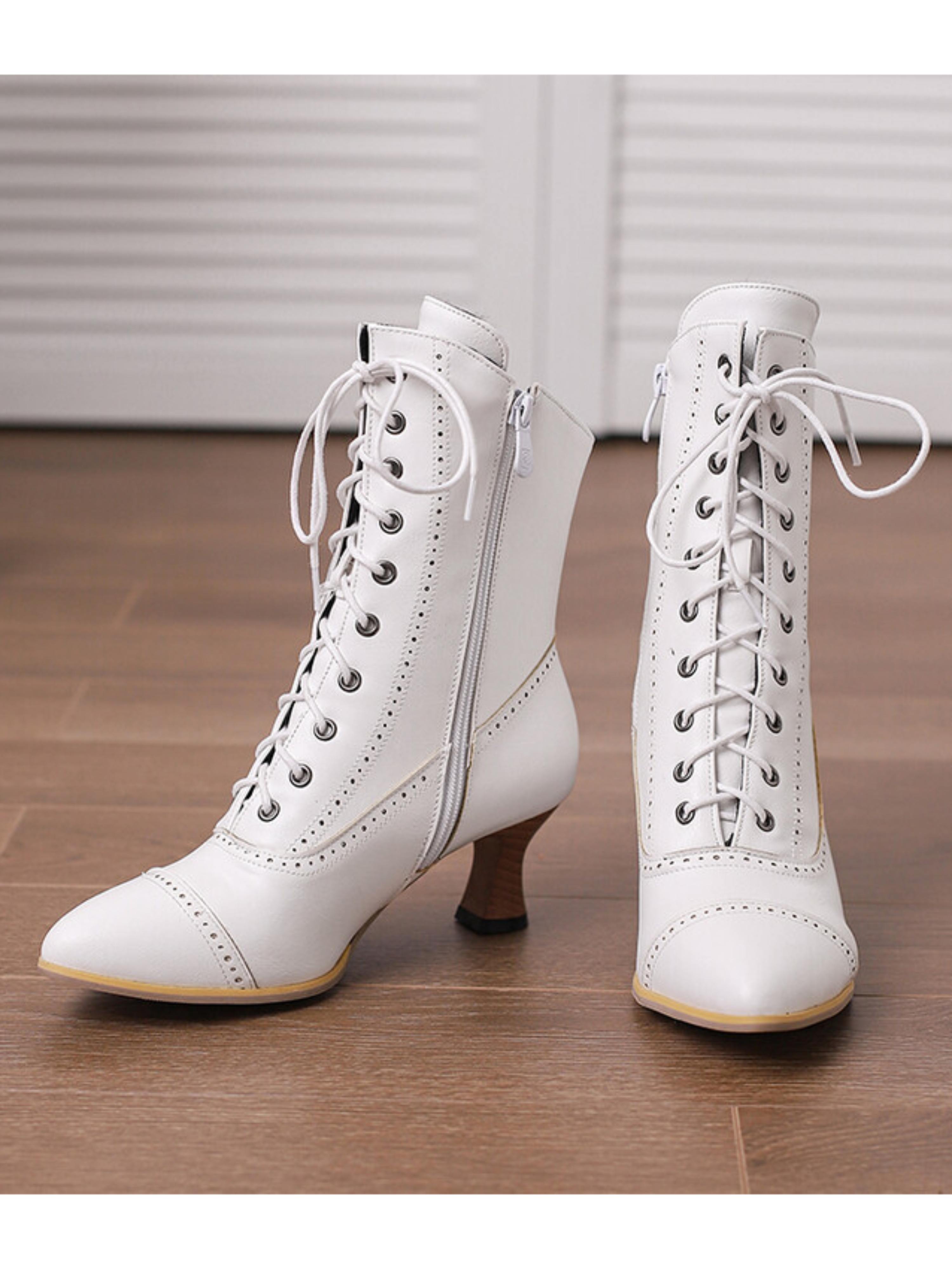 Sleek Brogue-Trimmed White Lace-Up Boots