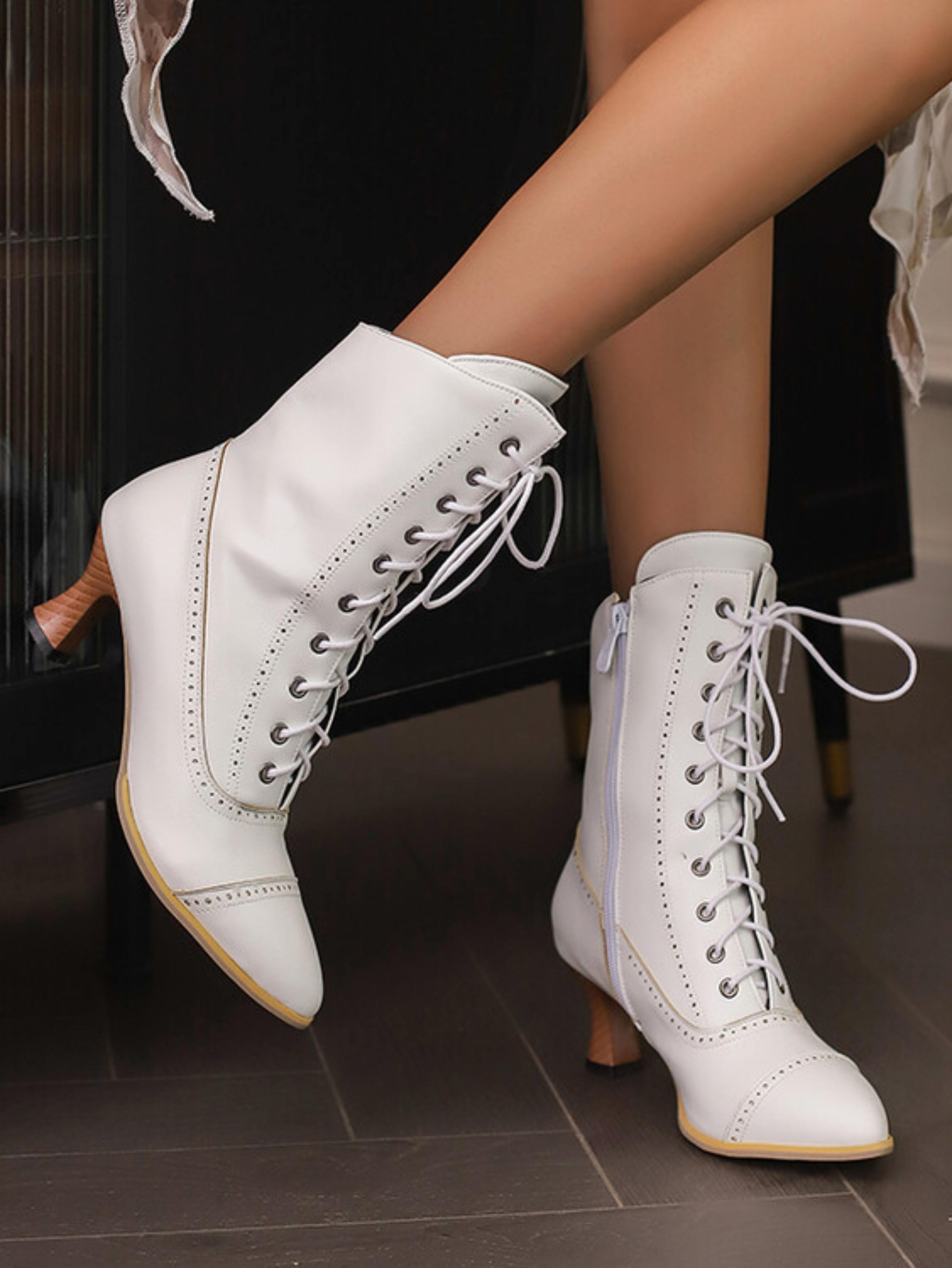 Sleek Brogue-Trimmed White Lace-Up Boots