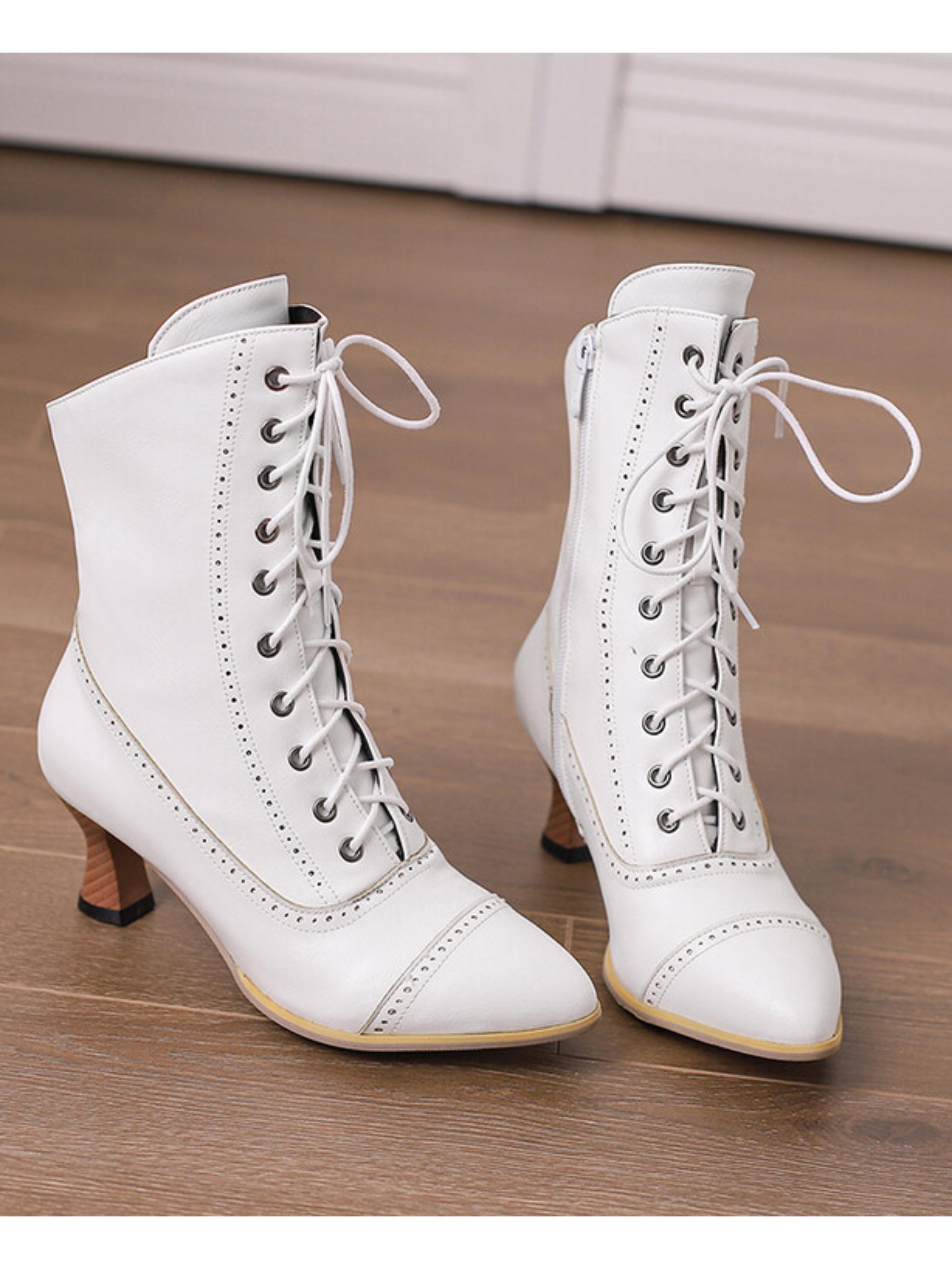 Sleek Brogue-Trimmed White Lace-Up Boots