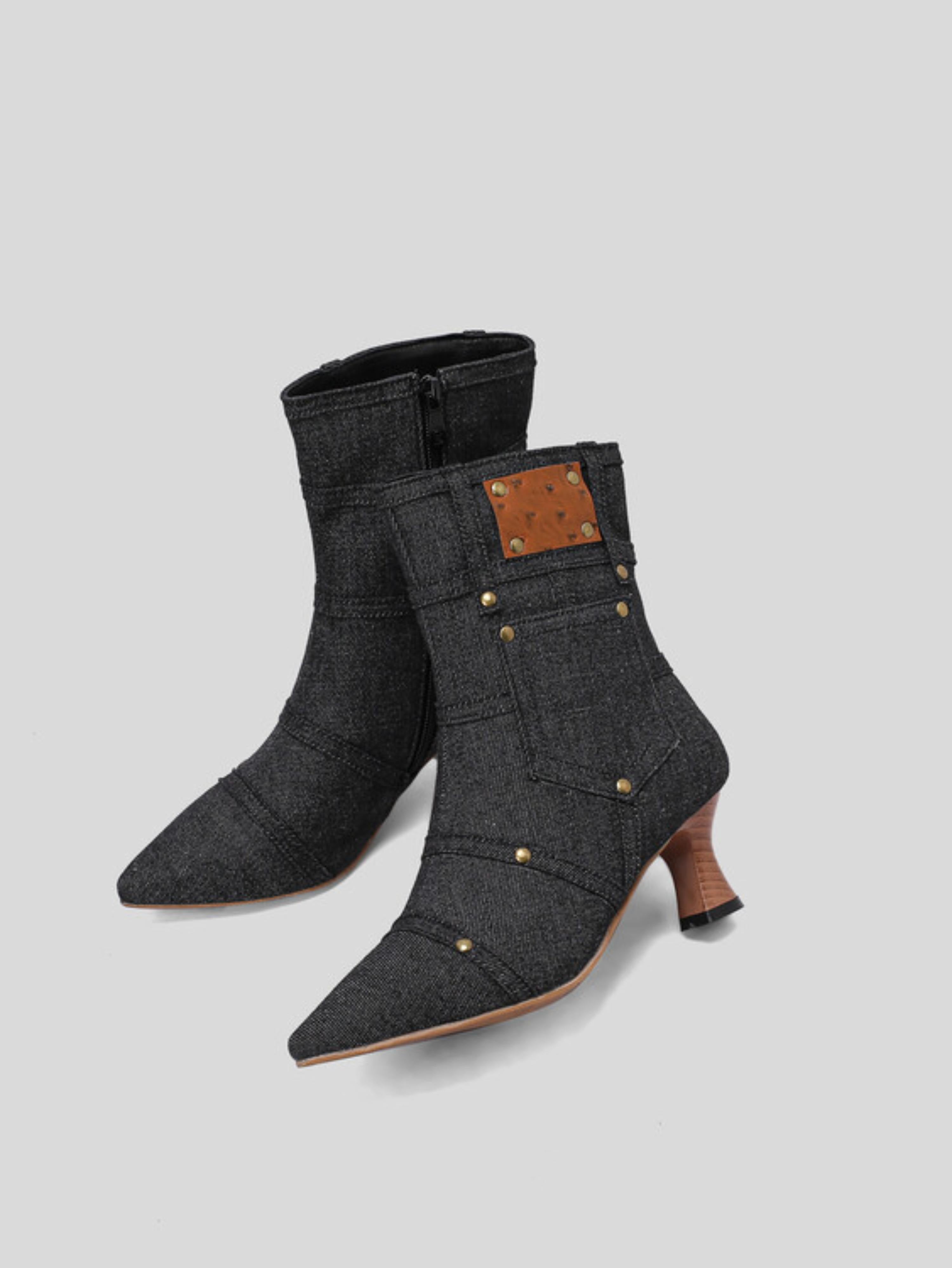 Black Denim Pocket Studded Ankle Short Boots for Women
