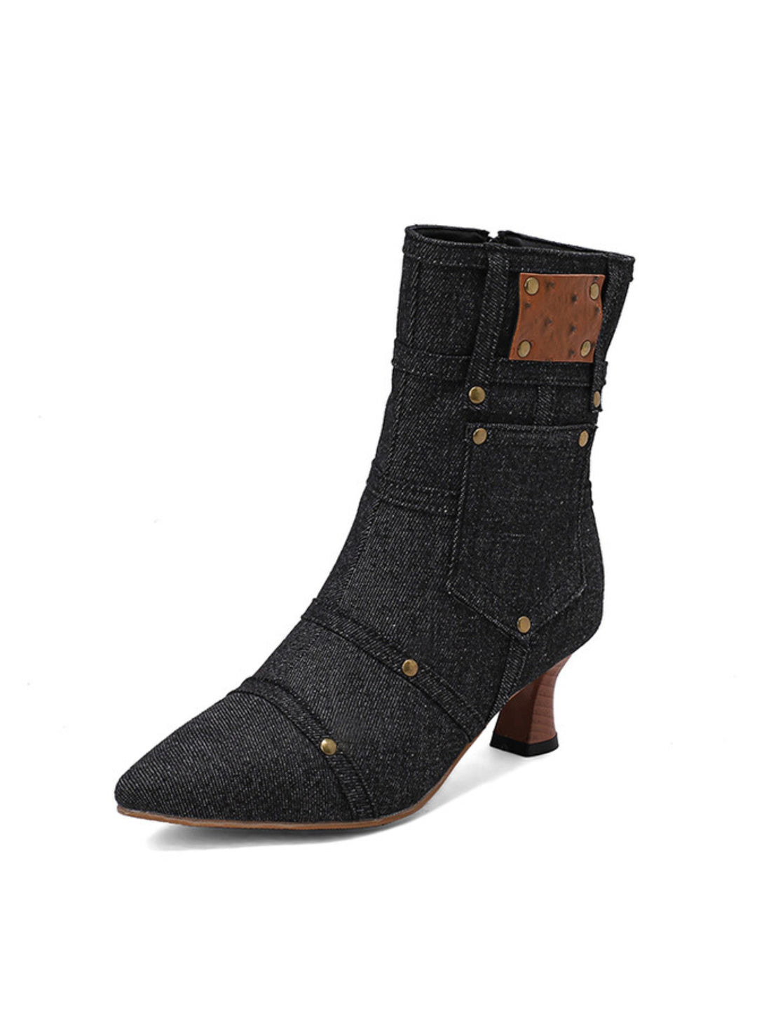 Black Denim Pocket Studded Ankle Short Boots for Women