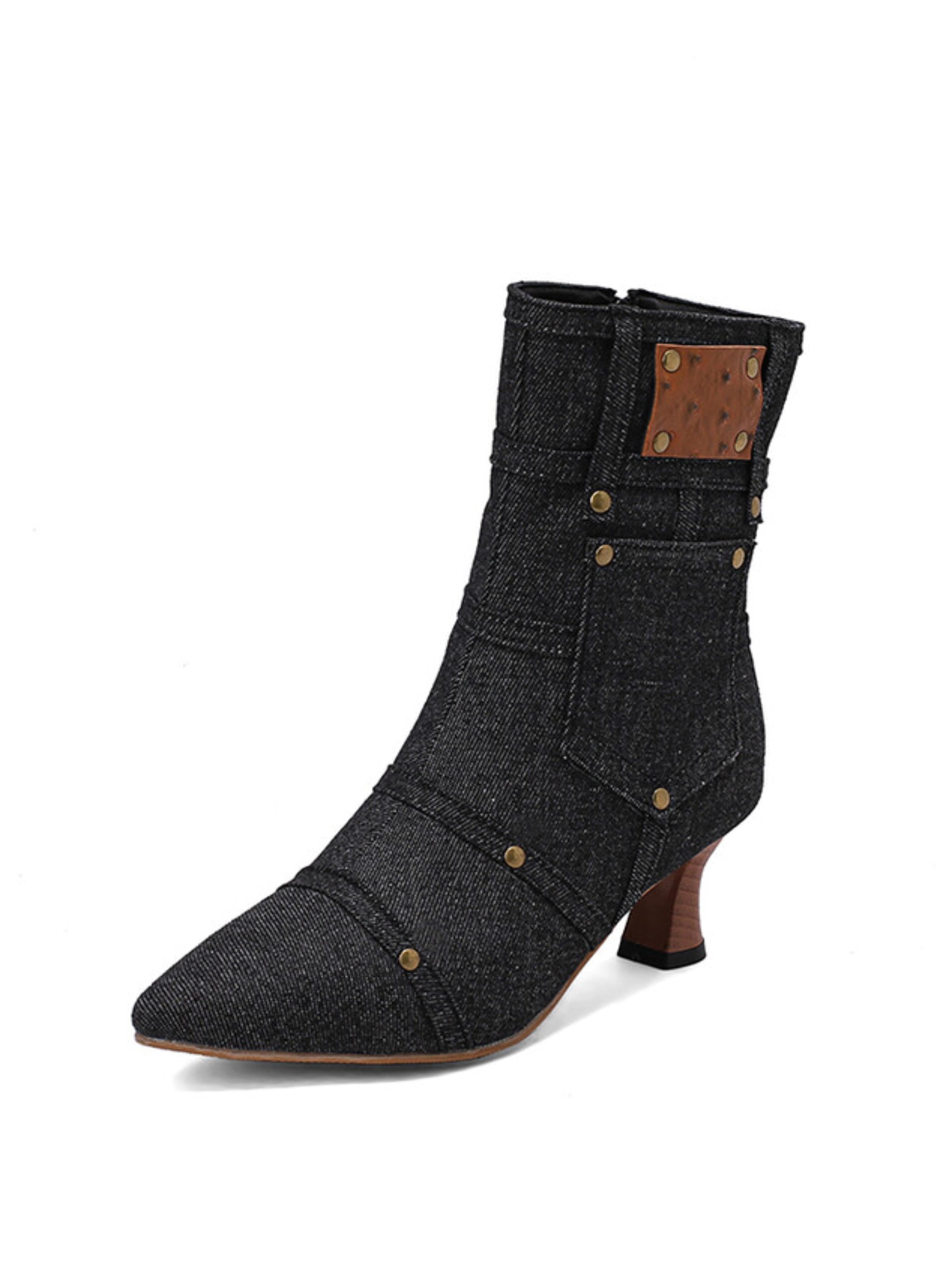 Black Denim Pocket Studded Ankle Short Boots for Women