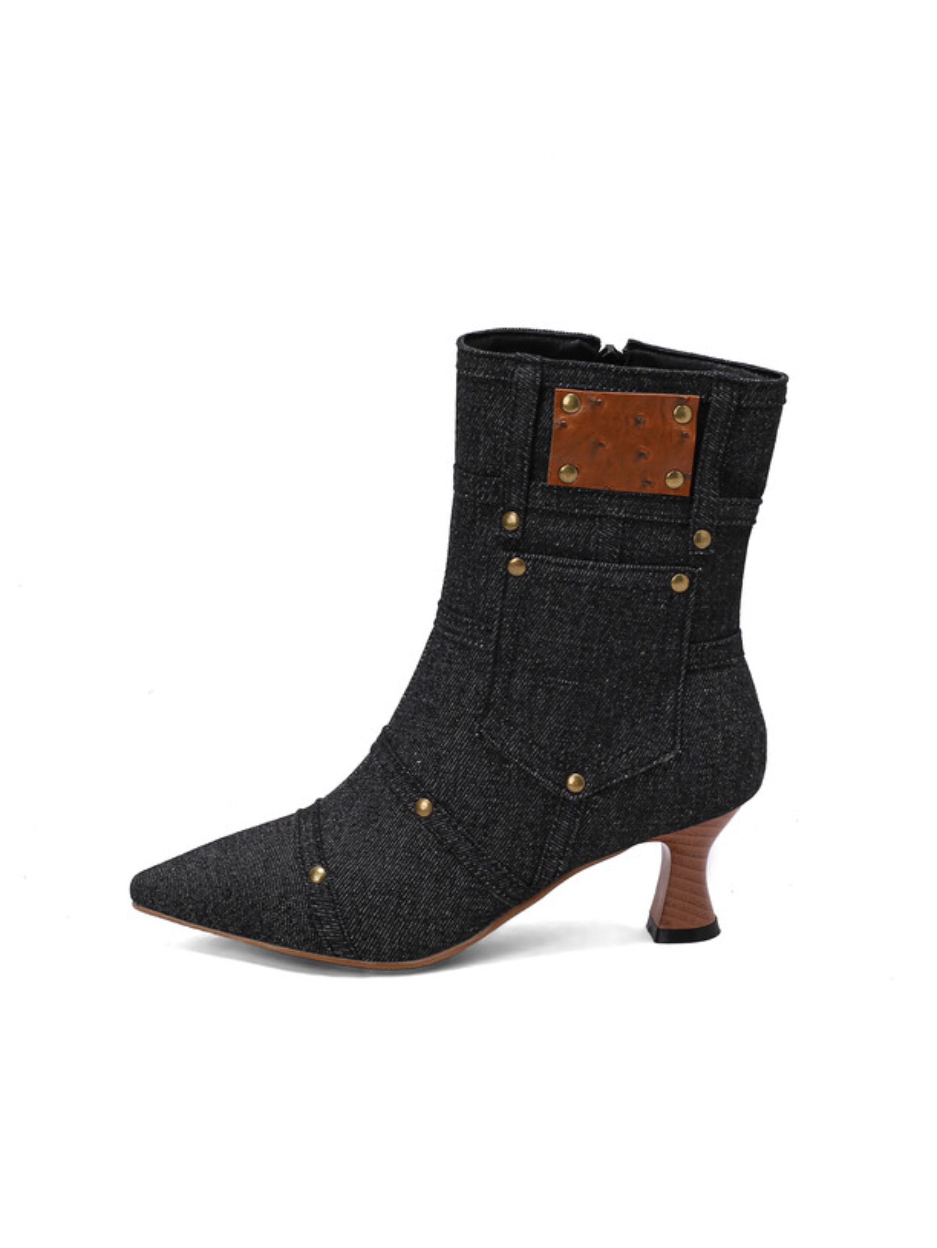 Black Denim Pocket Studded Ankle Short Boots for Women