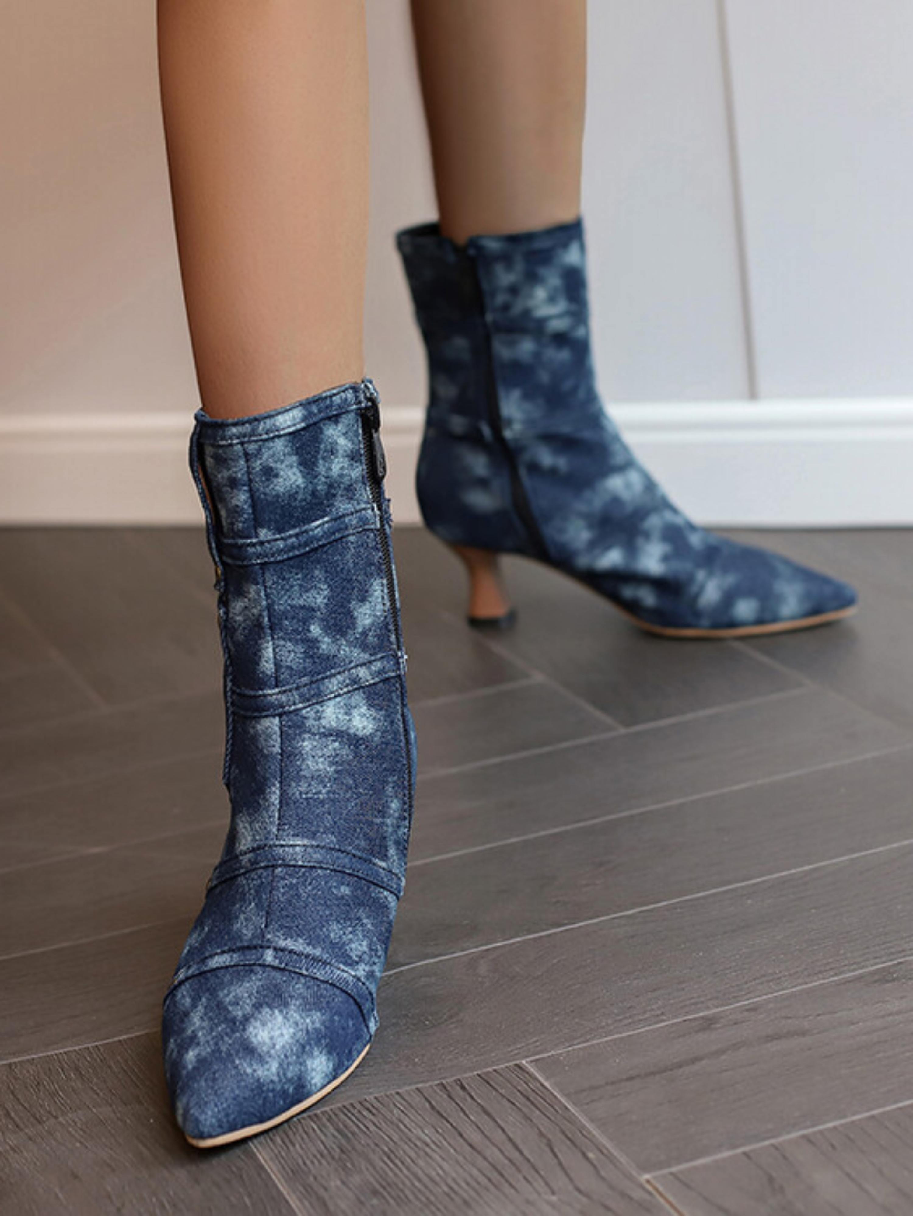 Navy Blue Denim Flared Heels Studded Short Booties with Pocket Decor