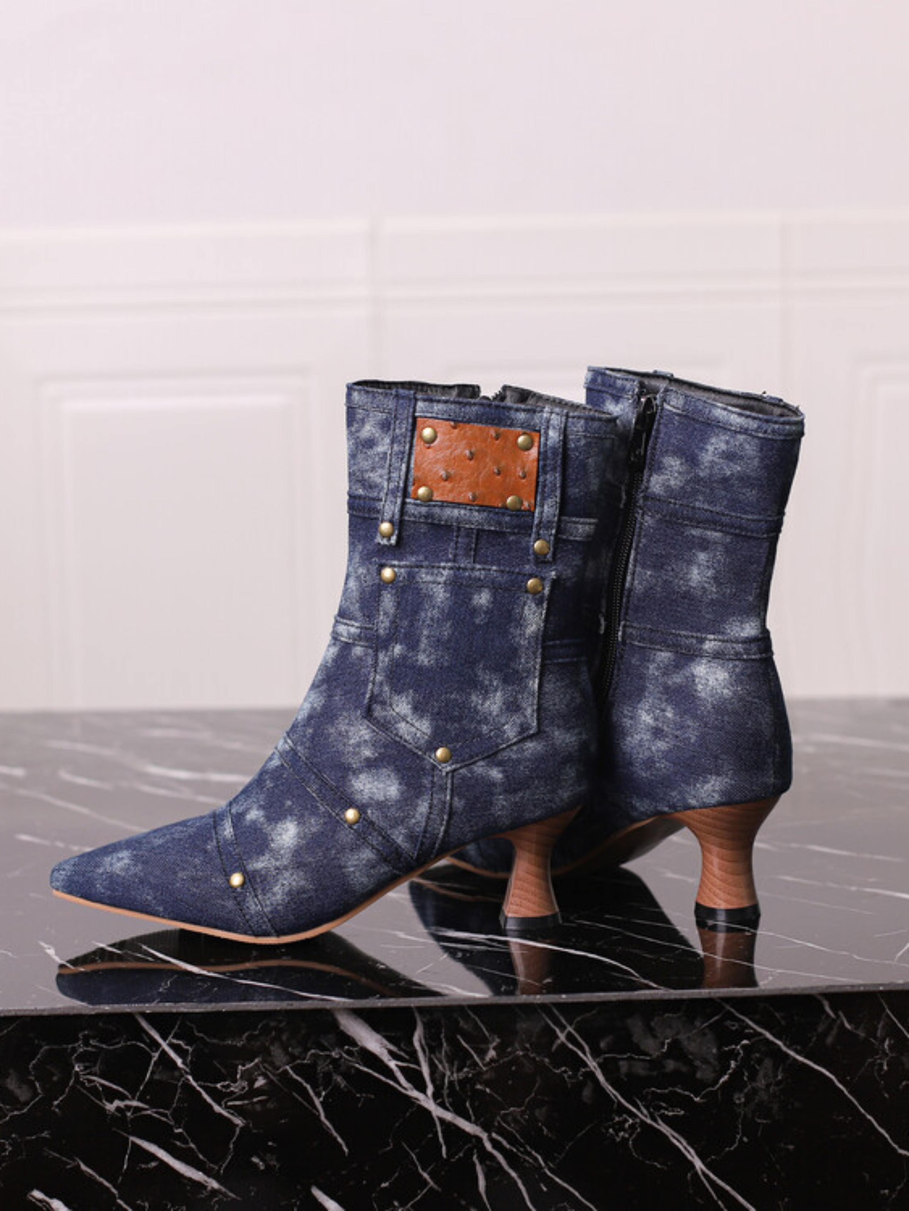 Navy Blue Denim Flared Heels Studded Short Booties with Pocket Decor