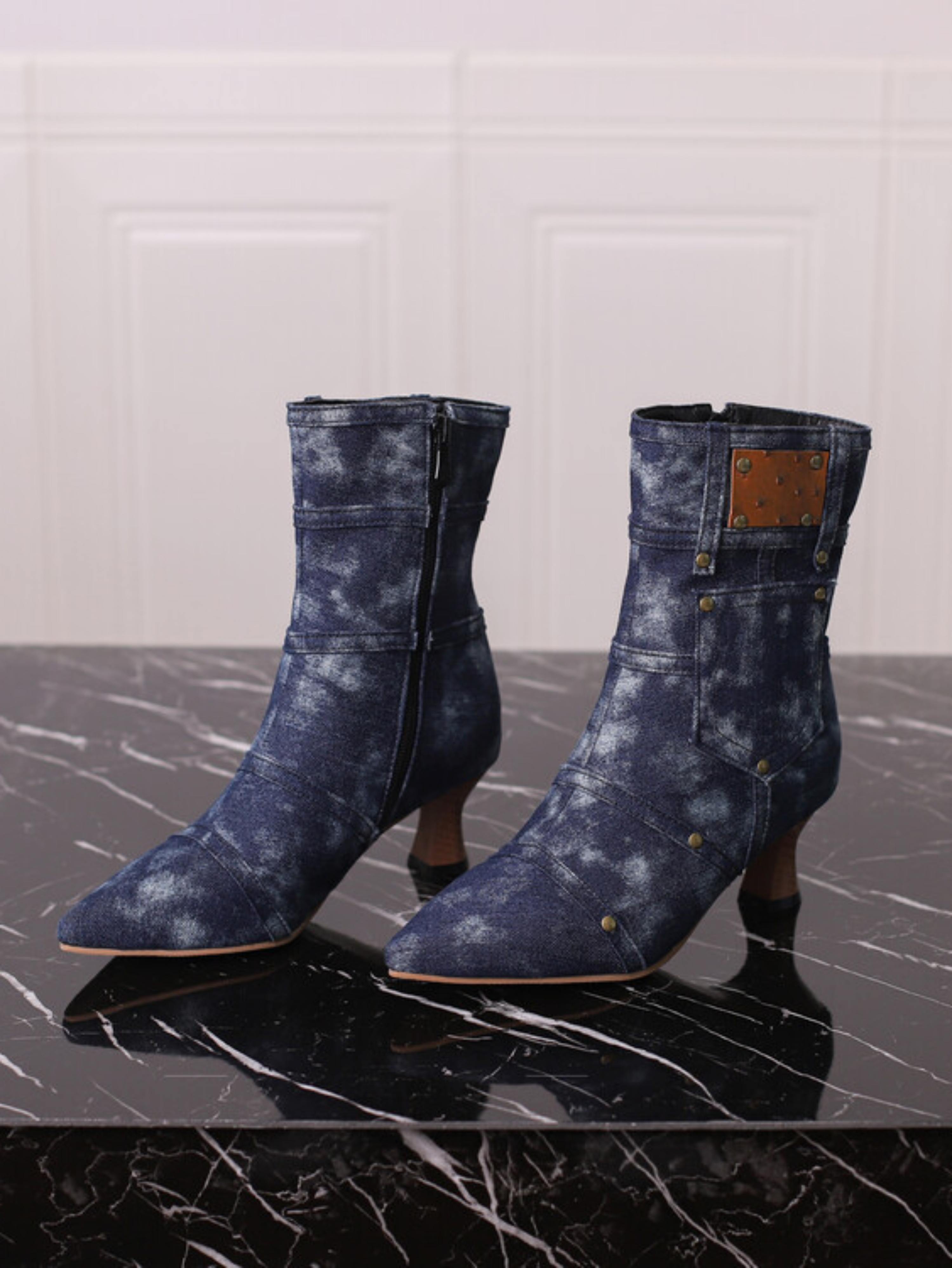 Navy Blue Denim Flared Heels Studded Short Booties with Pocket Decor