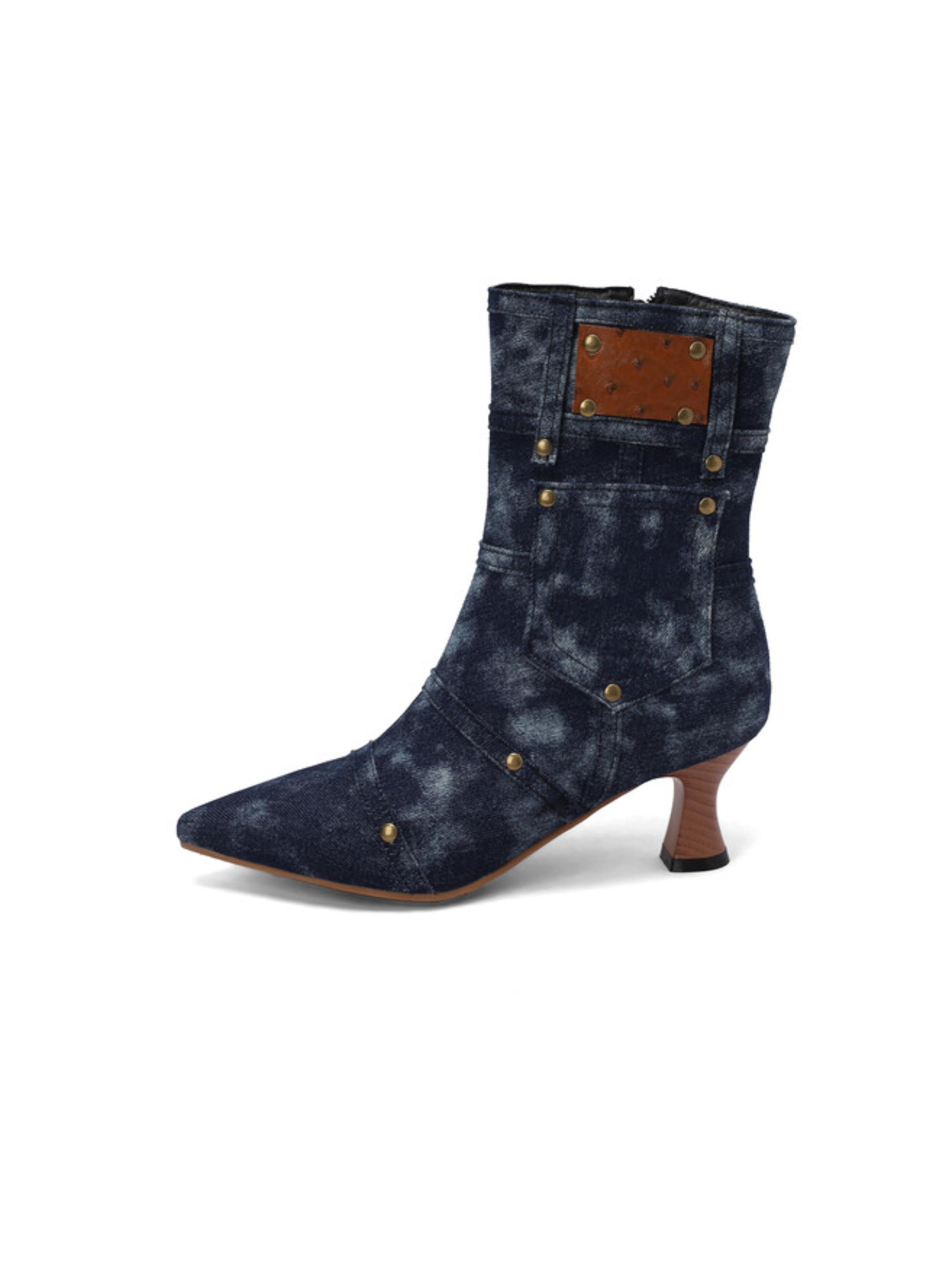 Navy Blue Denim Flared Heels Studded Short Booties with Pocket Decor