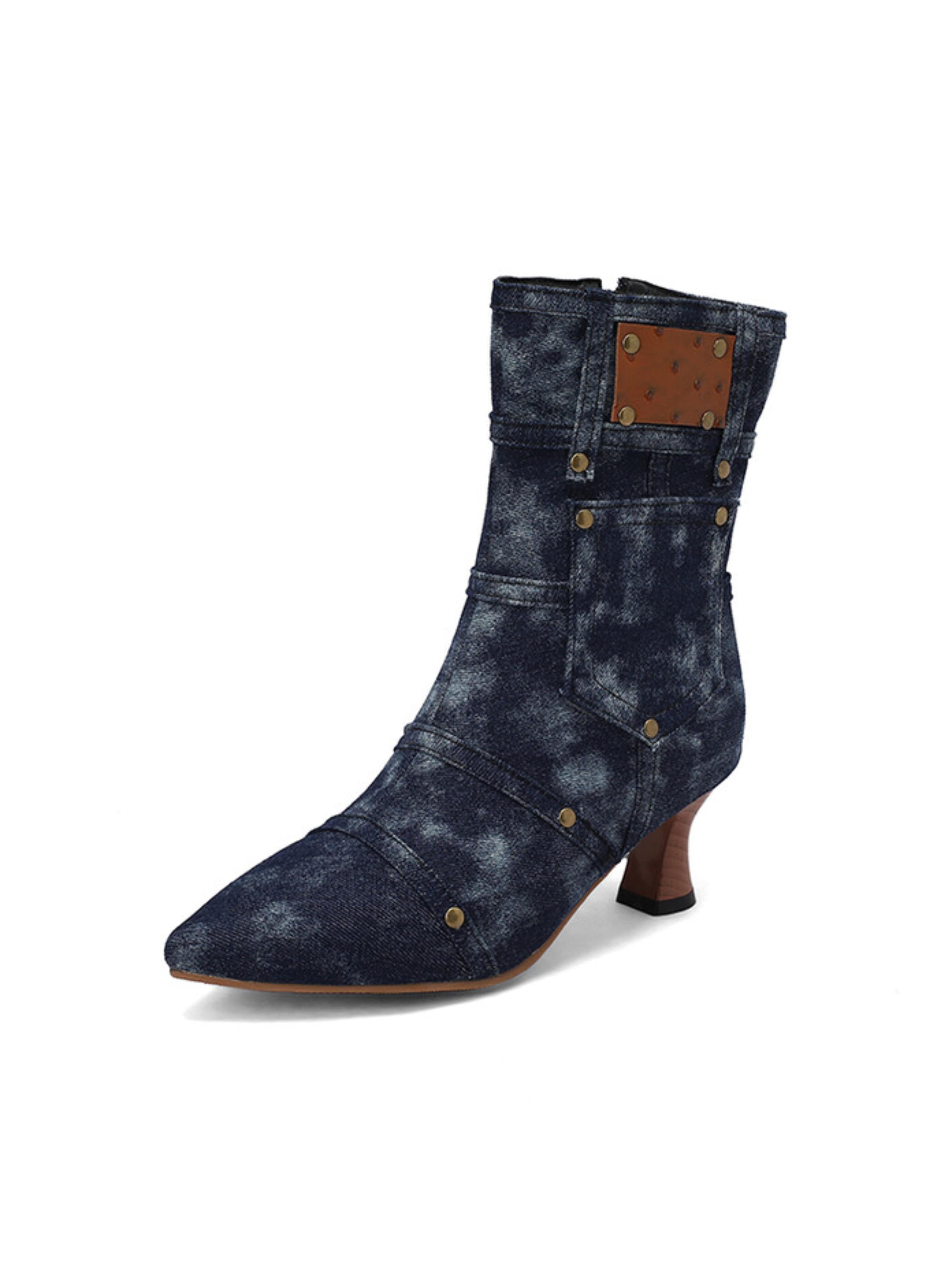 Navy Blue Denim Flared Heels Studded Short Booties with Pocket Decor
