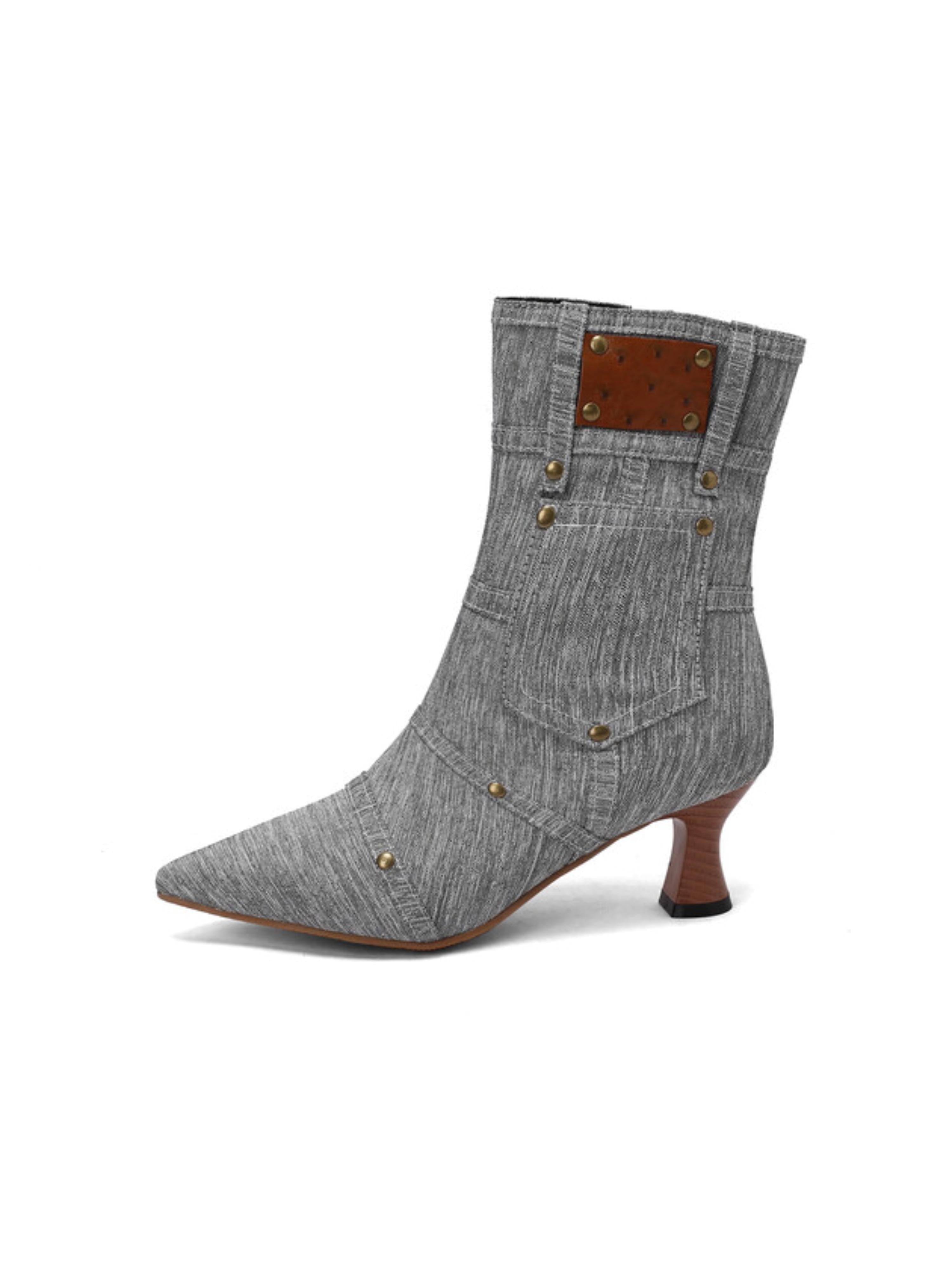 Trendy Grey Denim Flared Heel Studded Pocket Ankle Boots