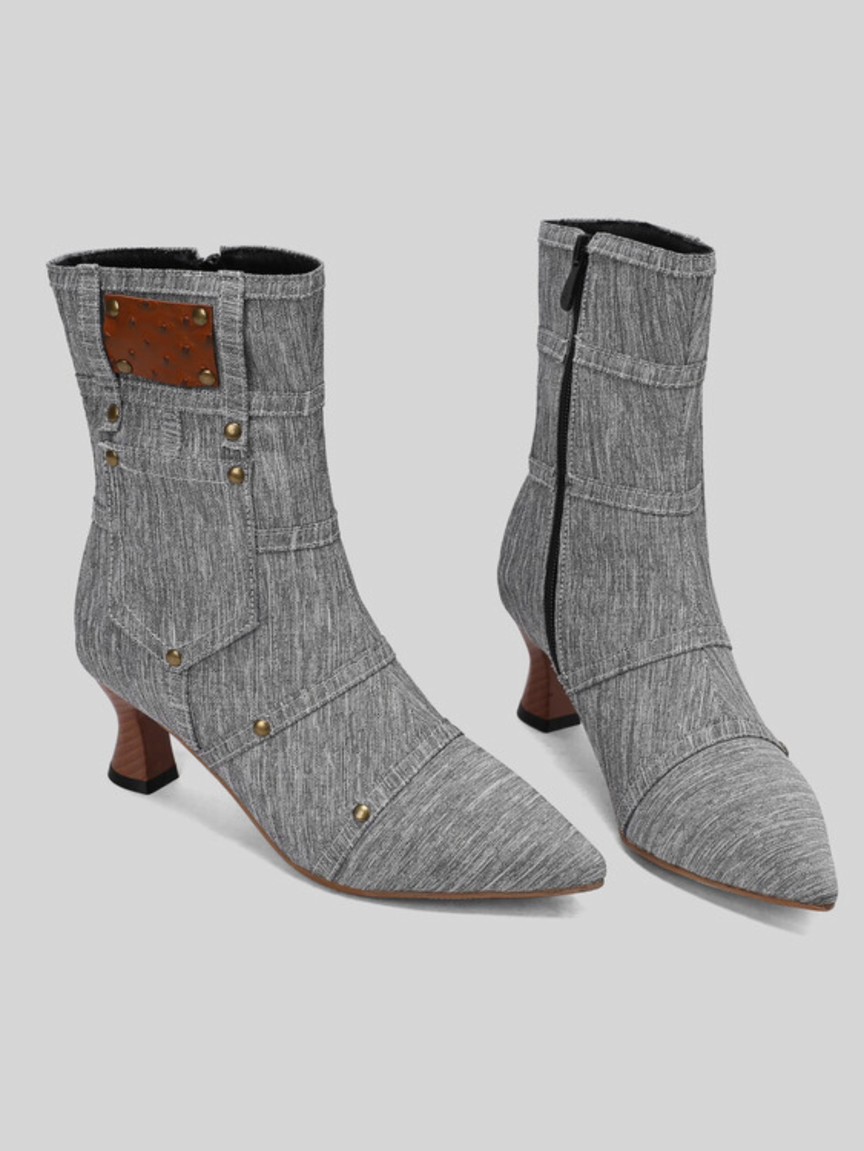 Trendy Grey Denim Flared Heel Studded Pocket Ankle Boots