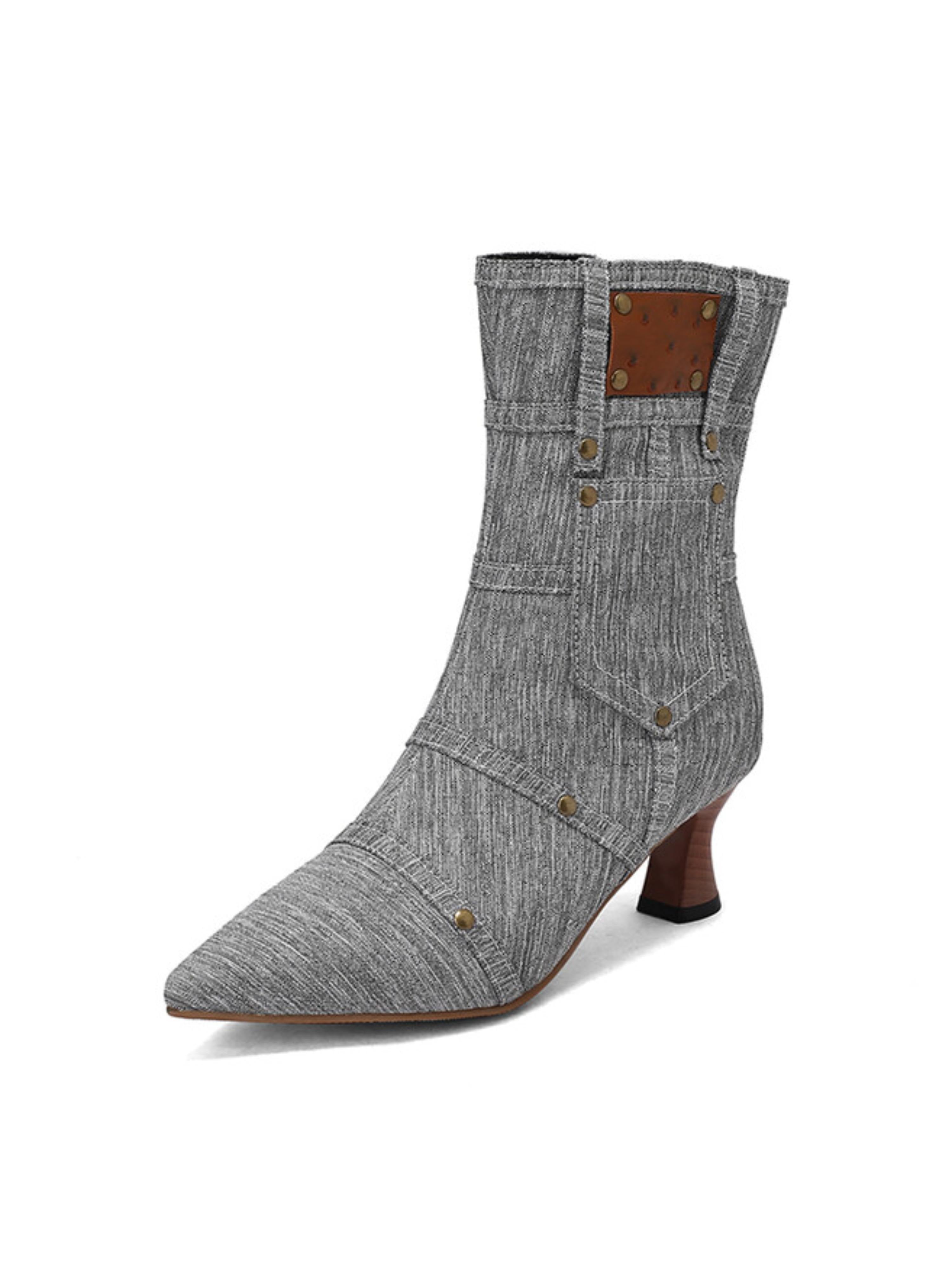 Trendy Grey Denim Flared Heel Studded Pocket Ankle Boots