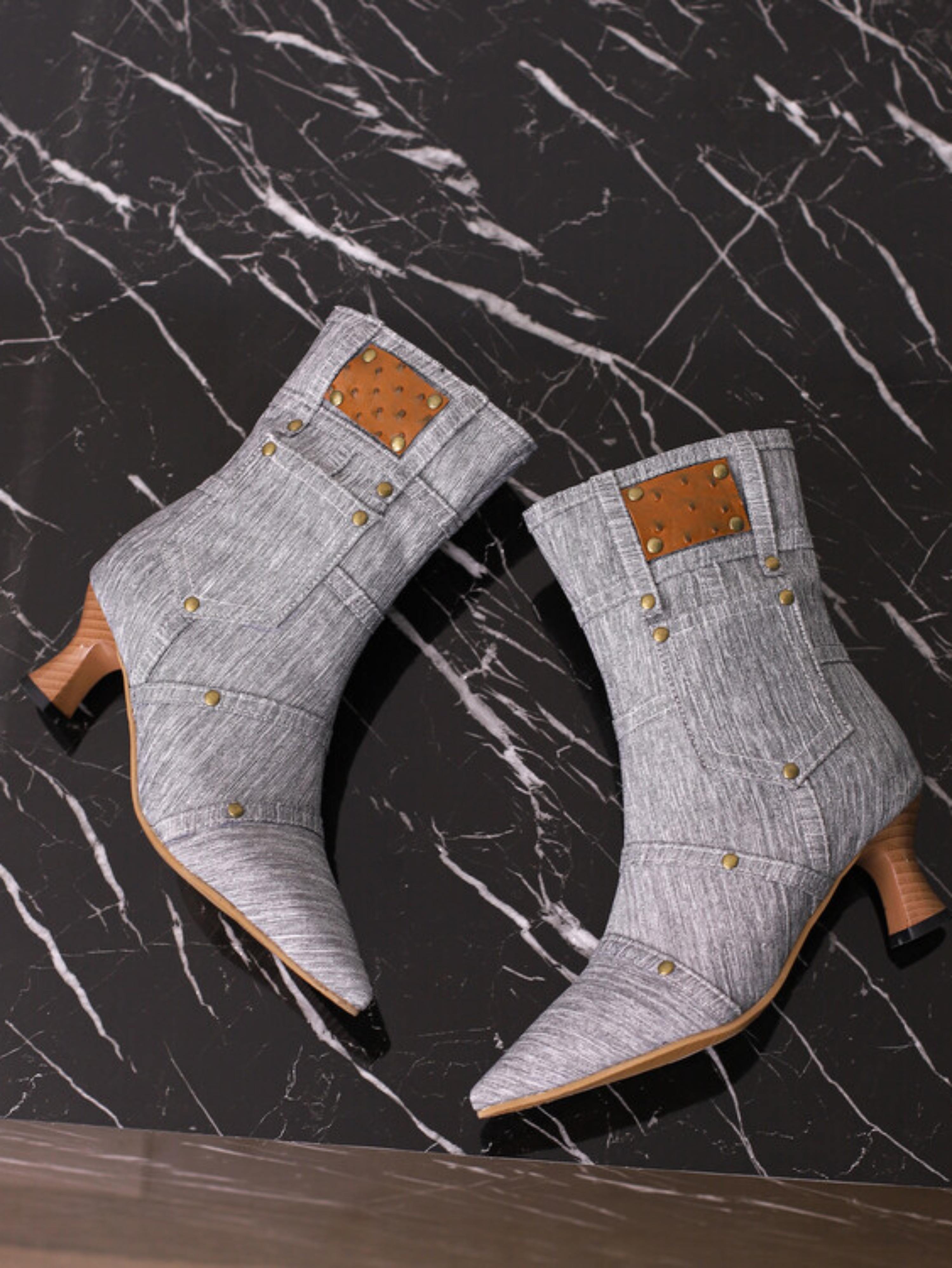 Trendy Grey Denim Flared Heel Studded Pocket Ankle Boots