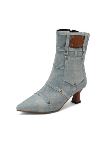 Light Blue Denim Mid-Heel Studded Ankle Boots with Pocket Decor
