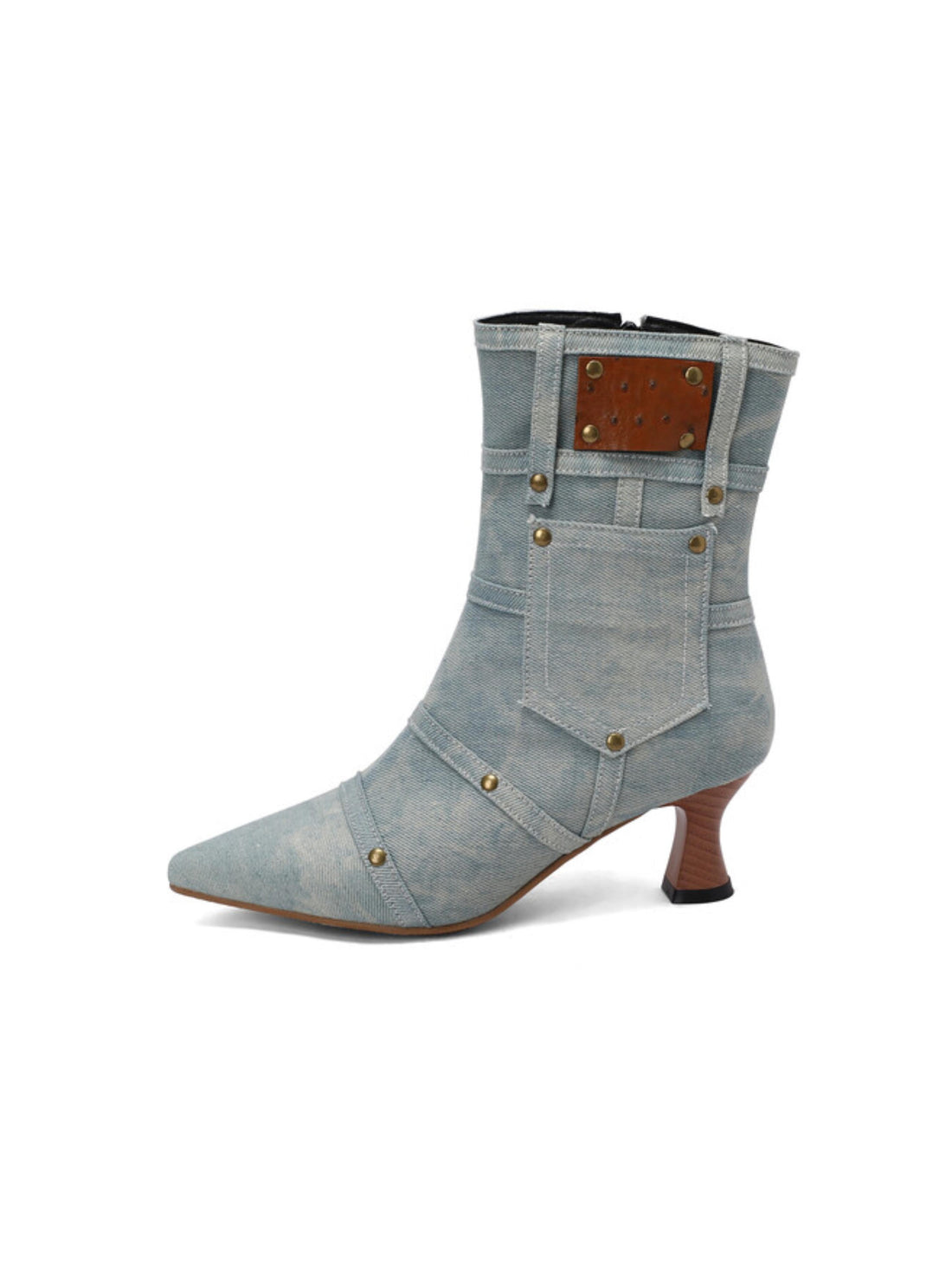 Light Blue Denim Mid-Heel Studded Ankle Boots with Pocket Decor