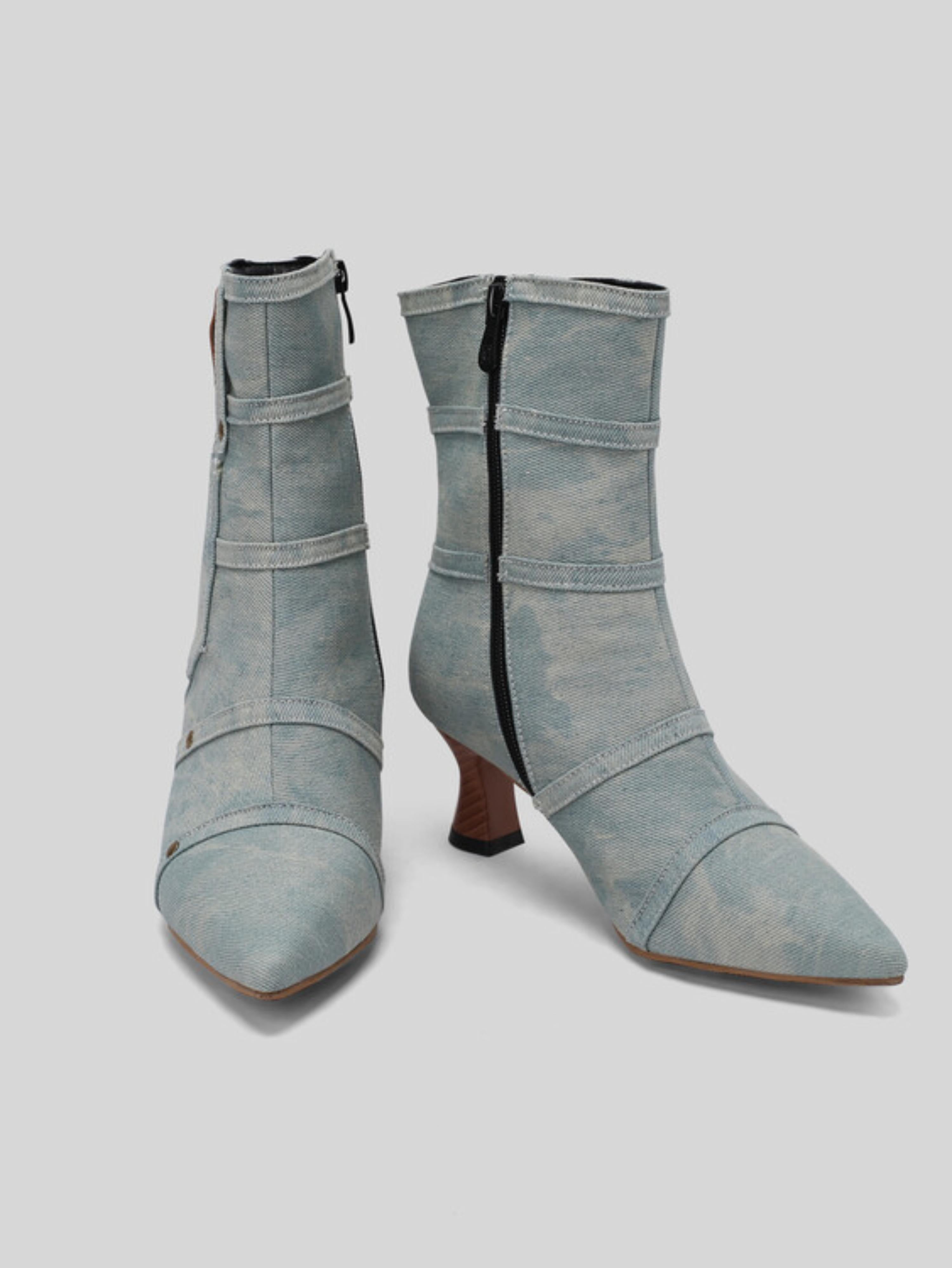 Light Blue Denim Mid-Heel Studded Ankle Boots with Pocket Decor