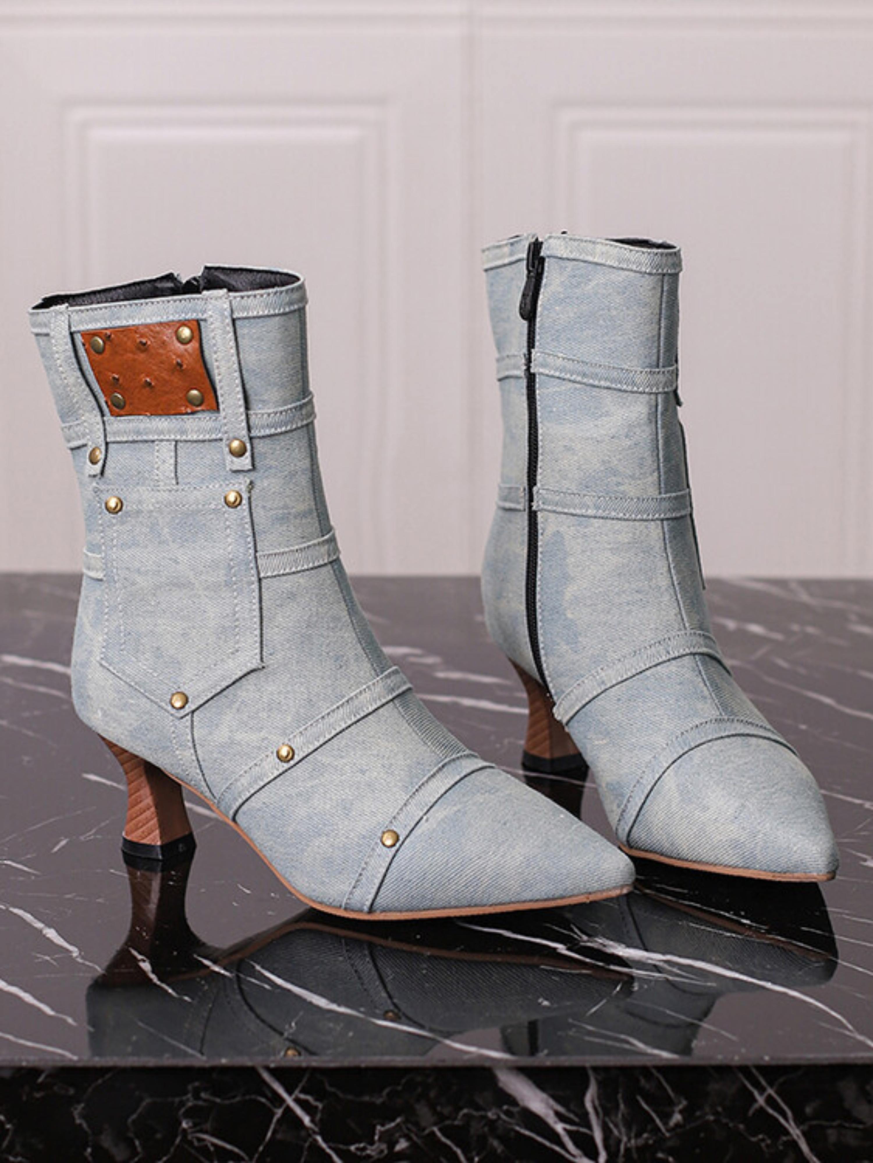 Light Blue Denim Mid-Heel Studded Ankle Boots with Pocket Decor