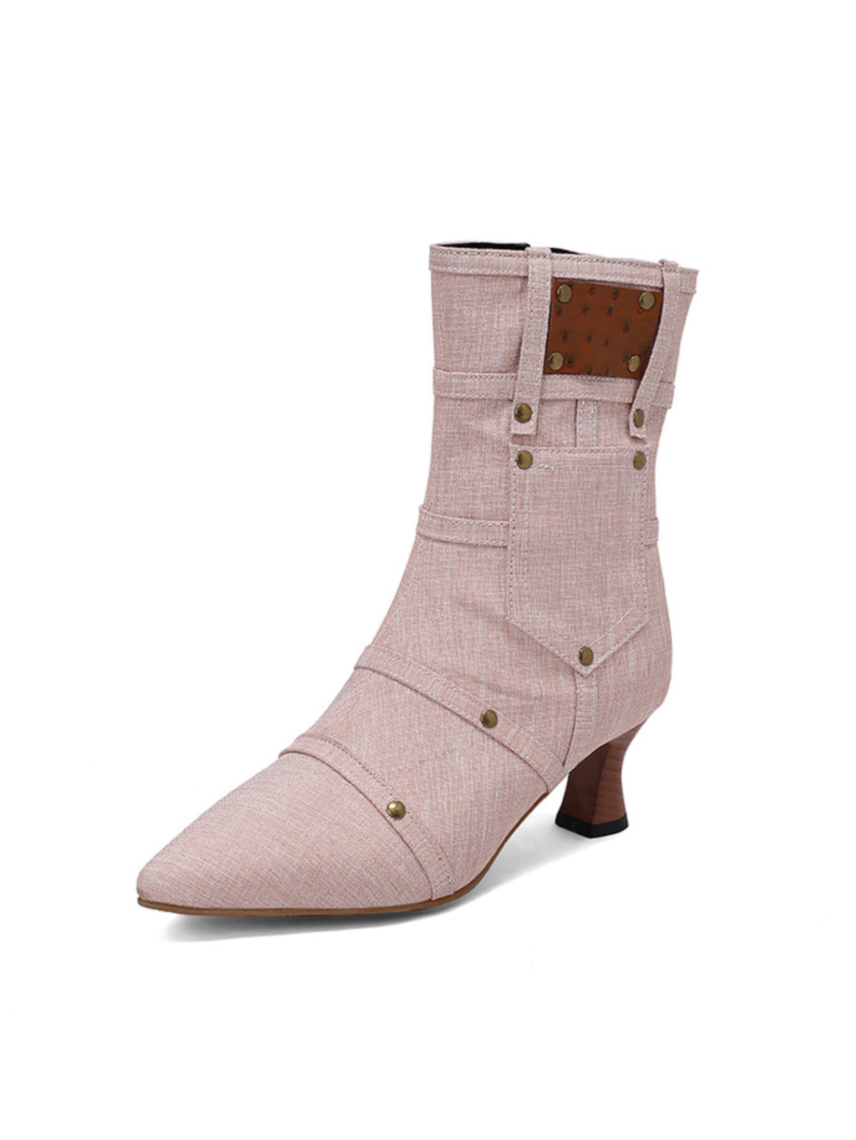 Pink Denim Studded Pocket Mid-Heel Ankle Boots for Women