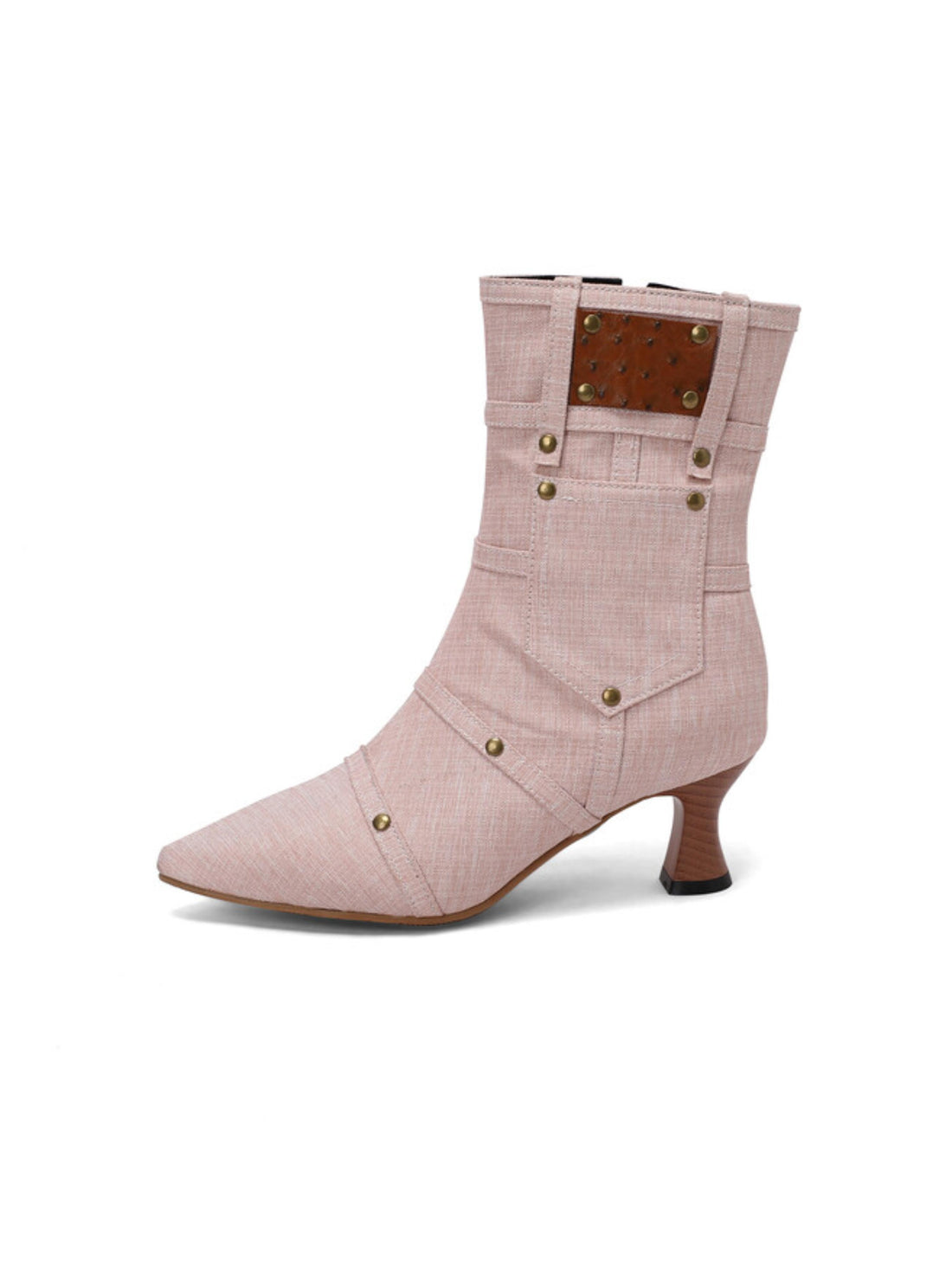Pink Denim Studded Pocket Mid-Heel Ankle Boots for Women
