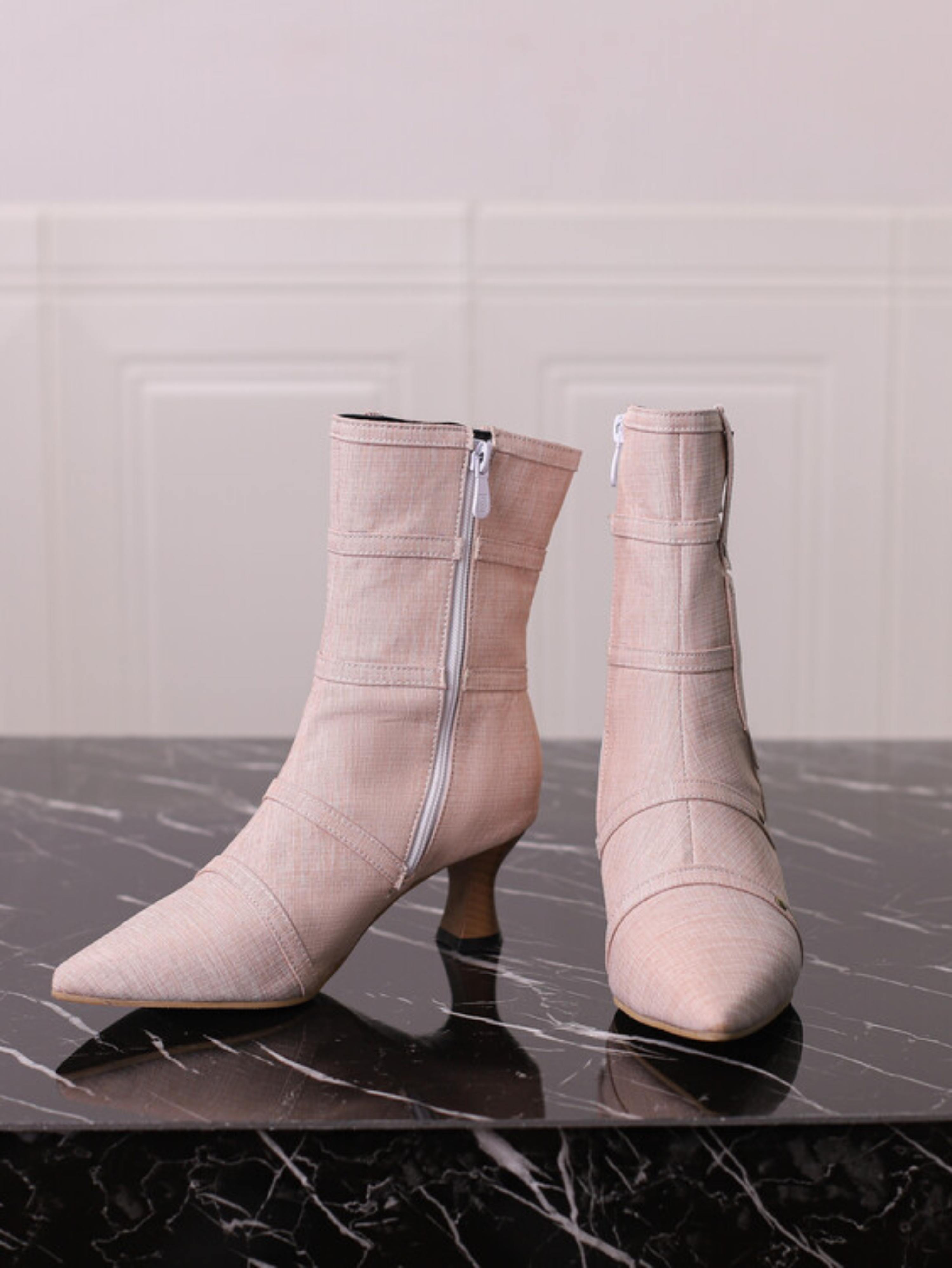 Pink Denim Studded Pocket Mid-Heel Ankle Boots for Women