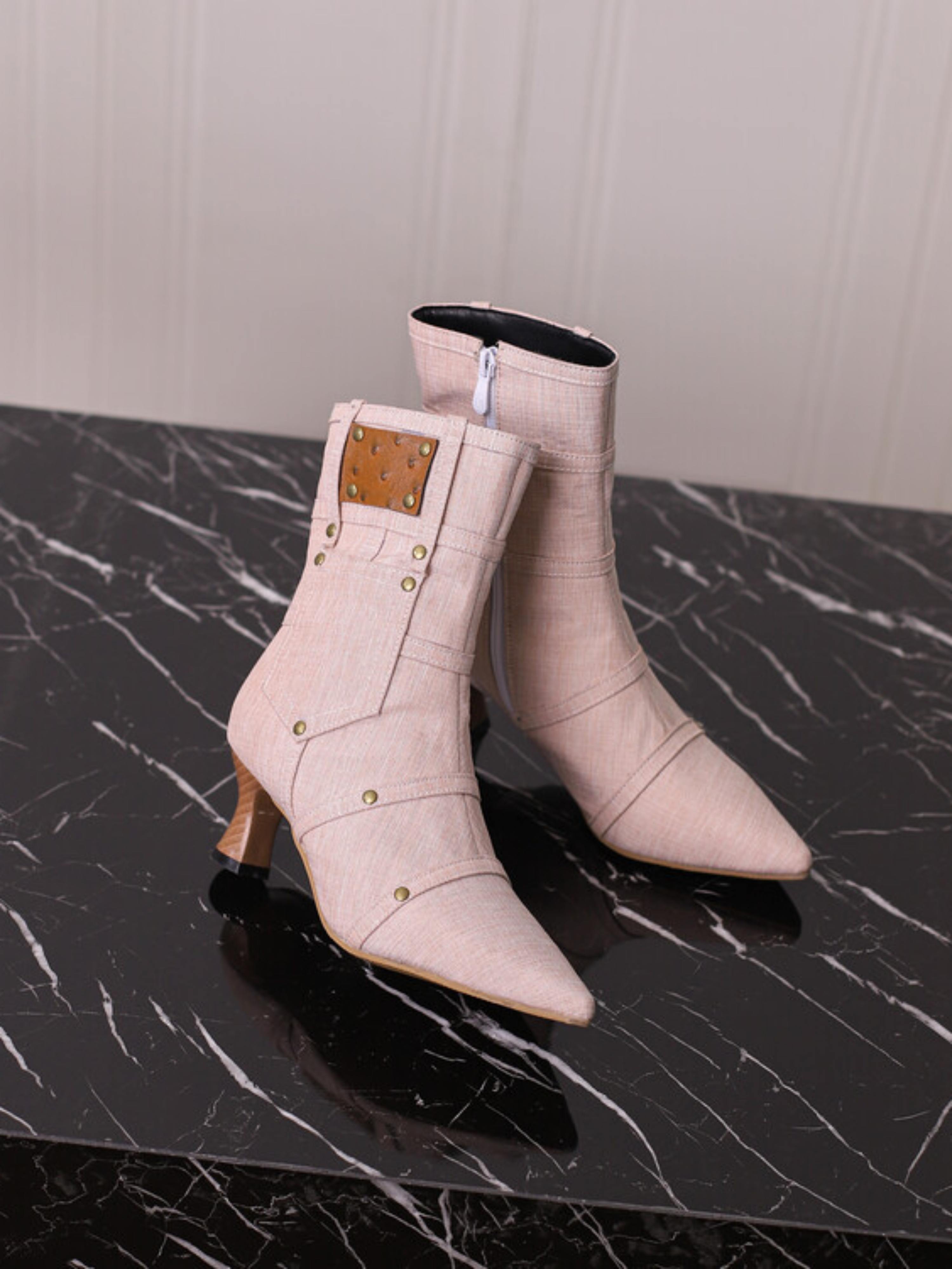 Pink Denim Studded Pocket Mid-Heel Ankle Boots for Women