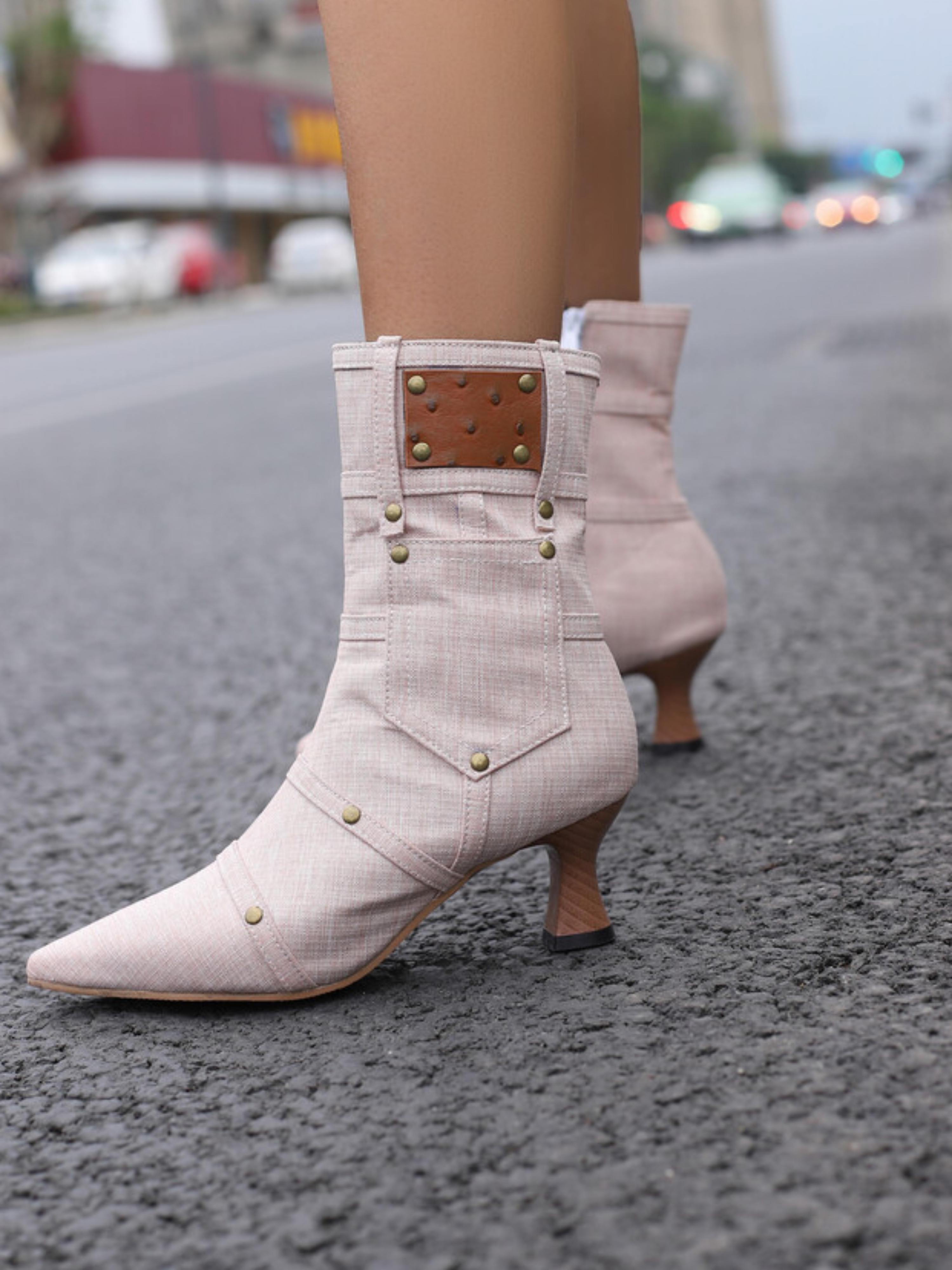 Pink Denim Studded Pocket Mid-Heel Ankle Boots for Women