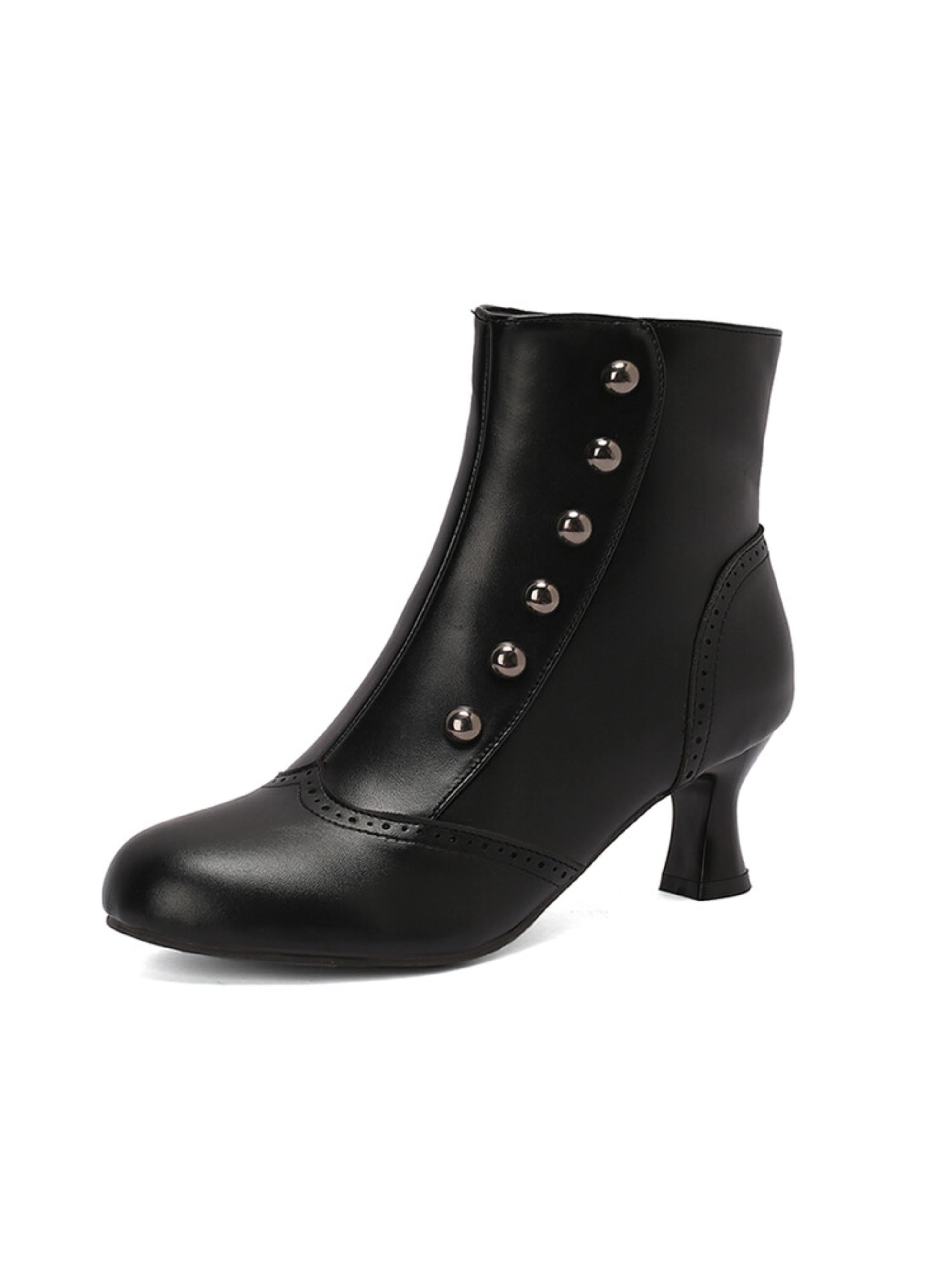 Black Button-Up Vintage Ankle Boots with Mid Heel