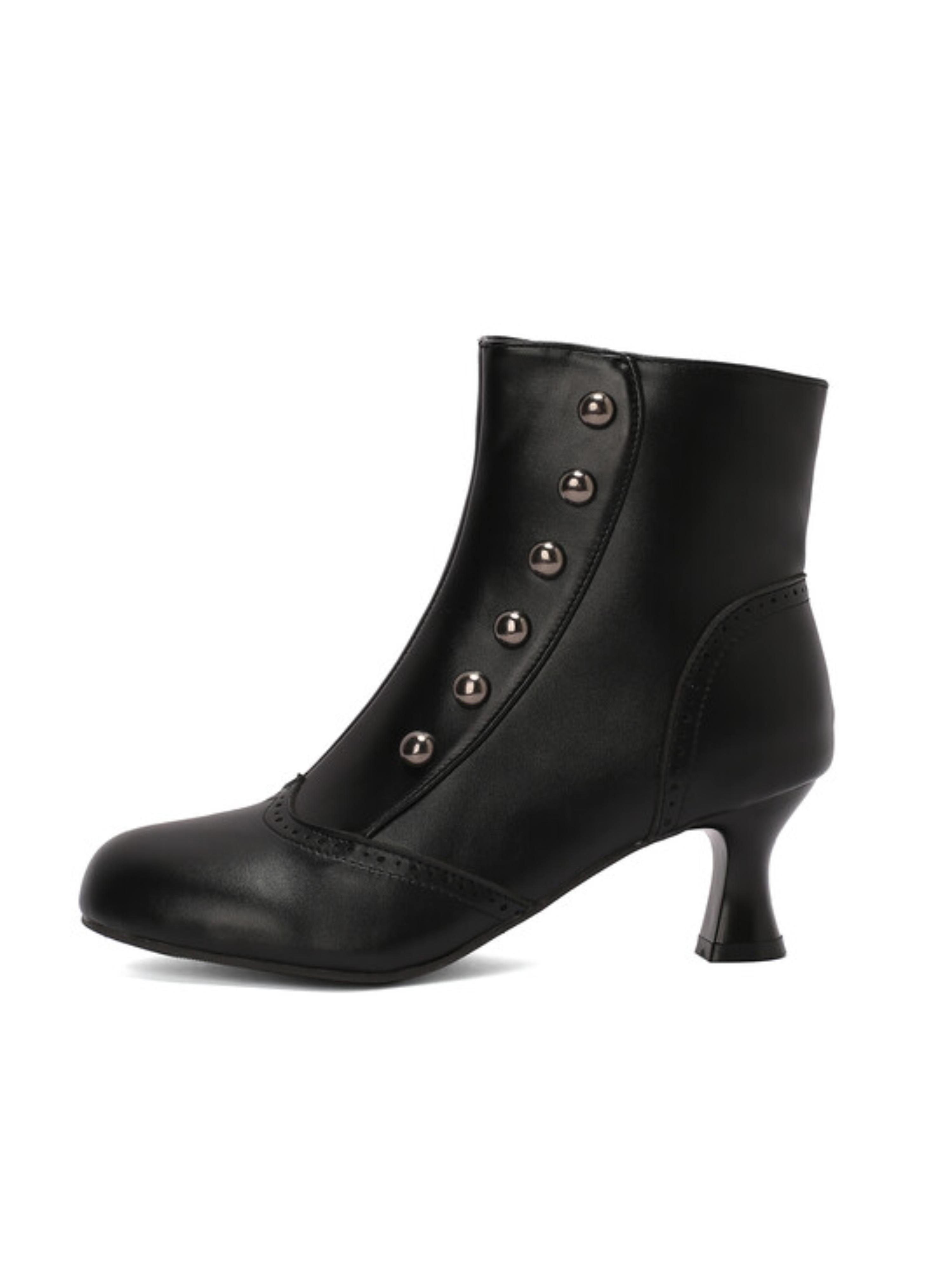 Black Button-Up Vintage Ankle Boots with Mid Heel