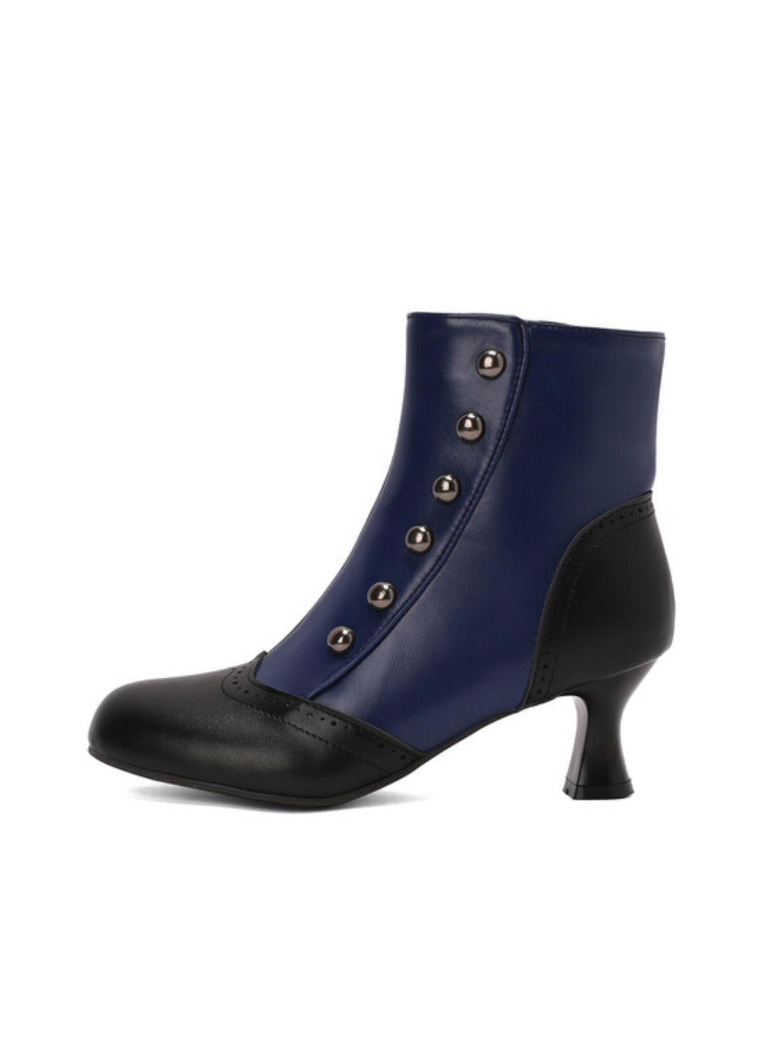 Retro Blue & Black Button Ankle Boots with Flared Heels