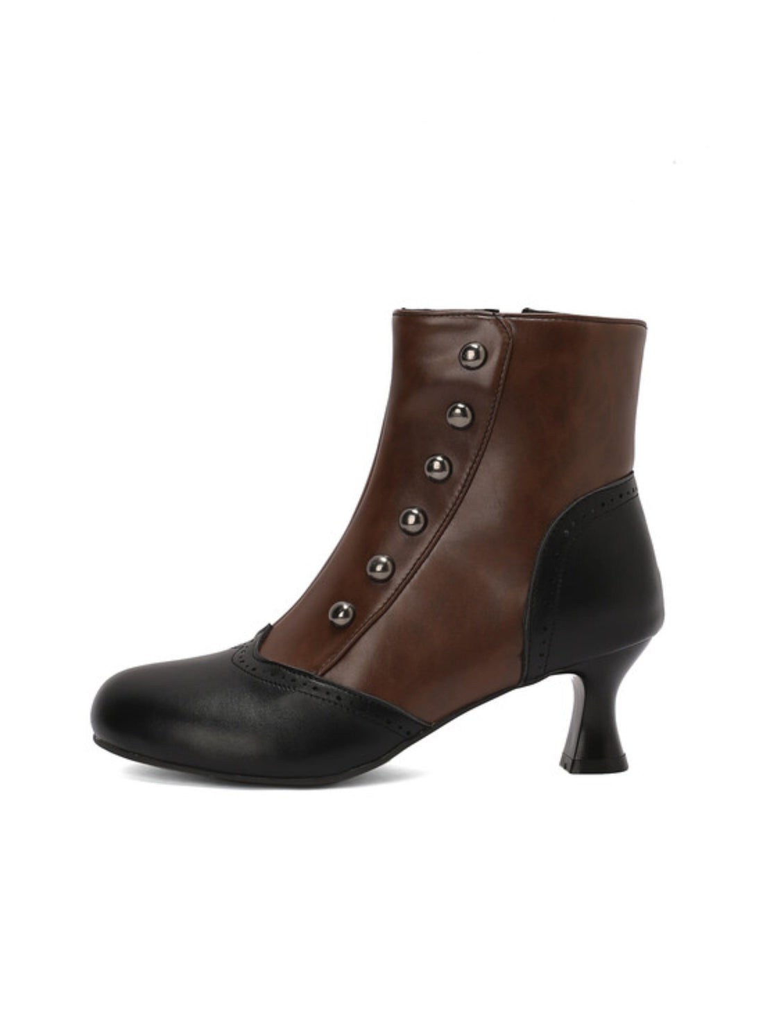 Brown and Black Button-Up Ankle Short Booties with Flared Heels