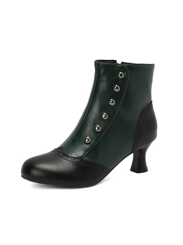 Vintage Dark Green and Black Mid Heel Button Short Boots