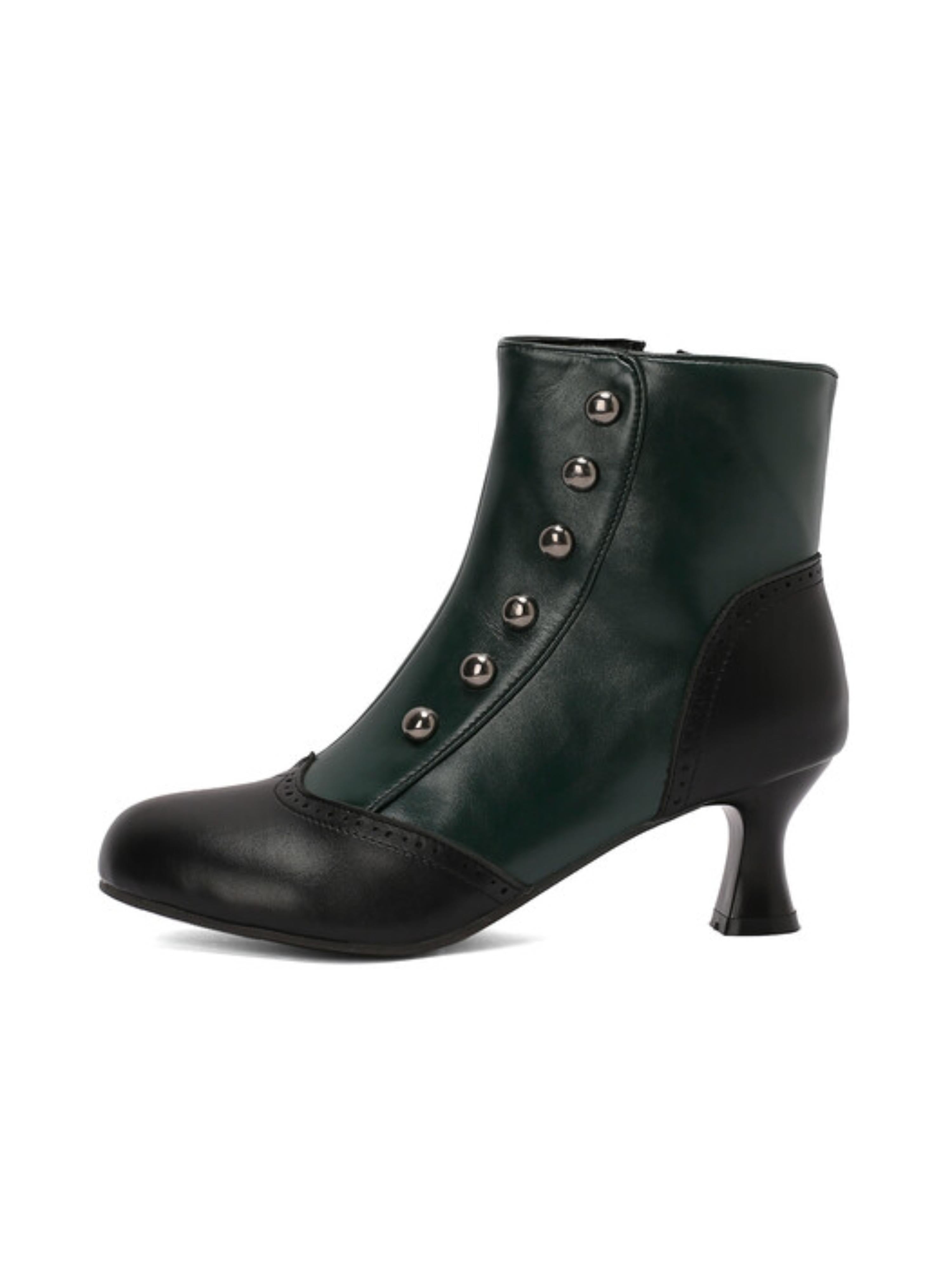 Vintage Dark Green and Black Mid Heel Button Short Boots