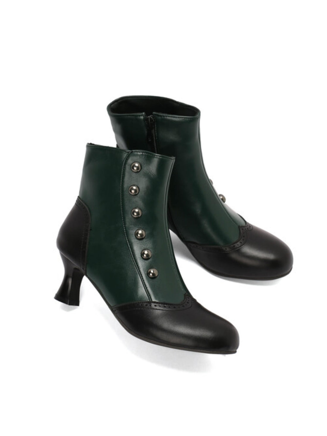 Vintage Dark Green and Black Mid Heel Button Short Boots