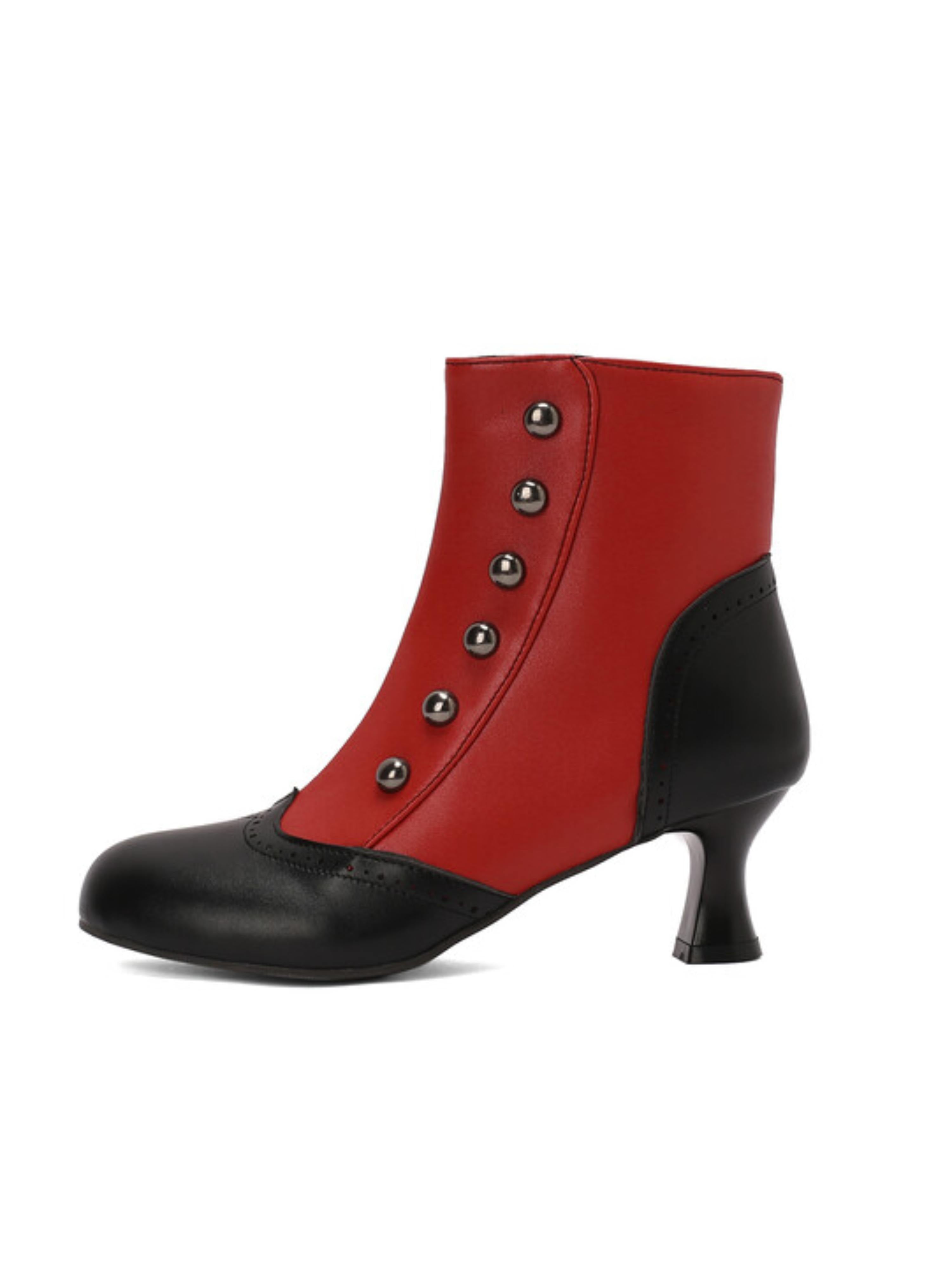 Retro Red and Black Button-Up Mid Heel Ankle Boots