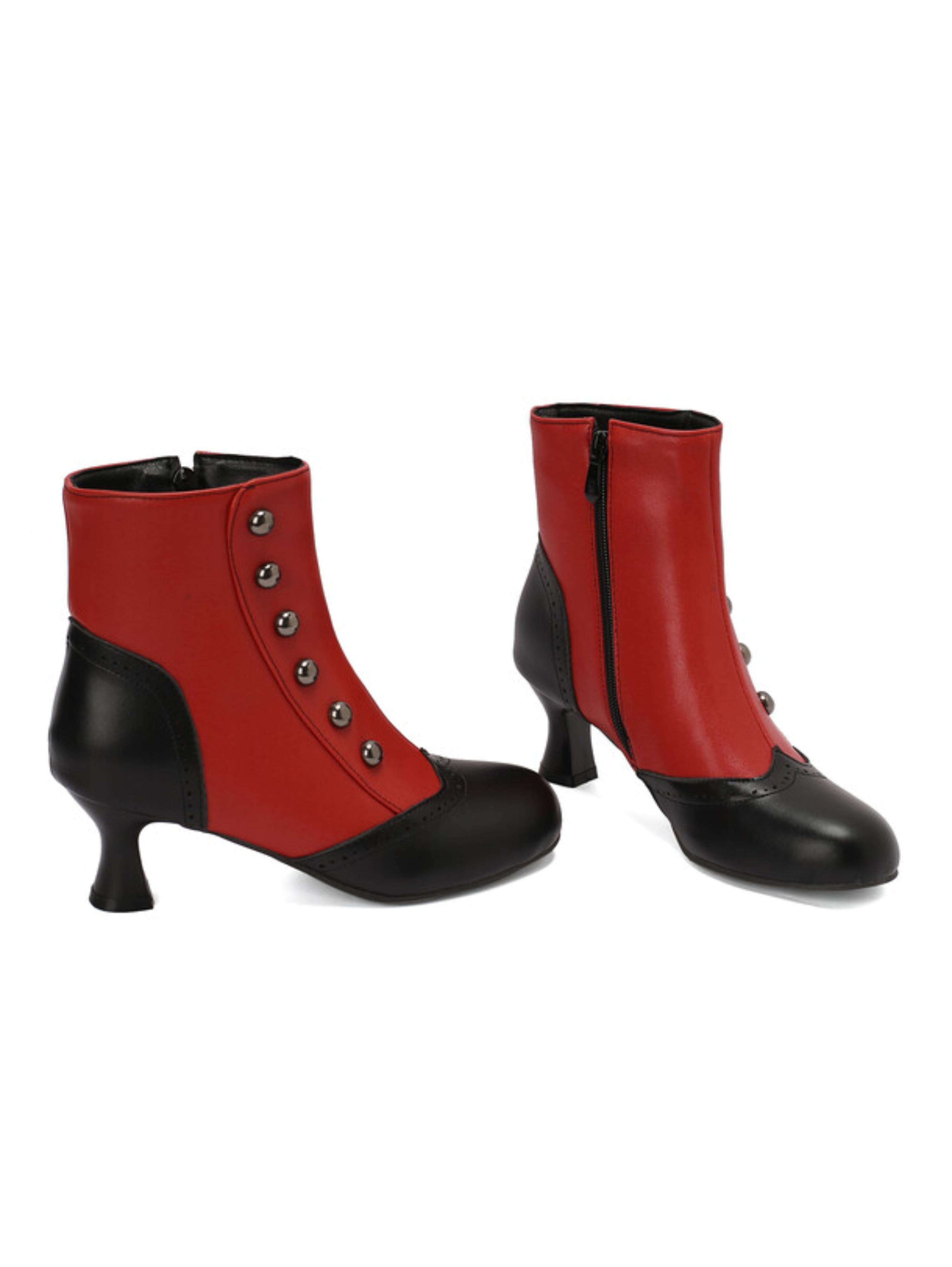 Retro Red and Black Button-Up Mid Heel Ankle Boots
